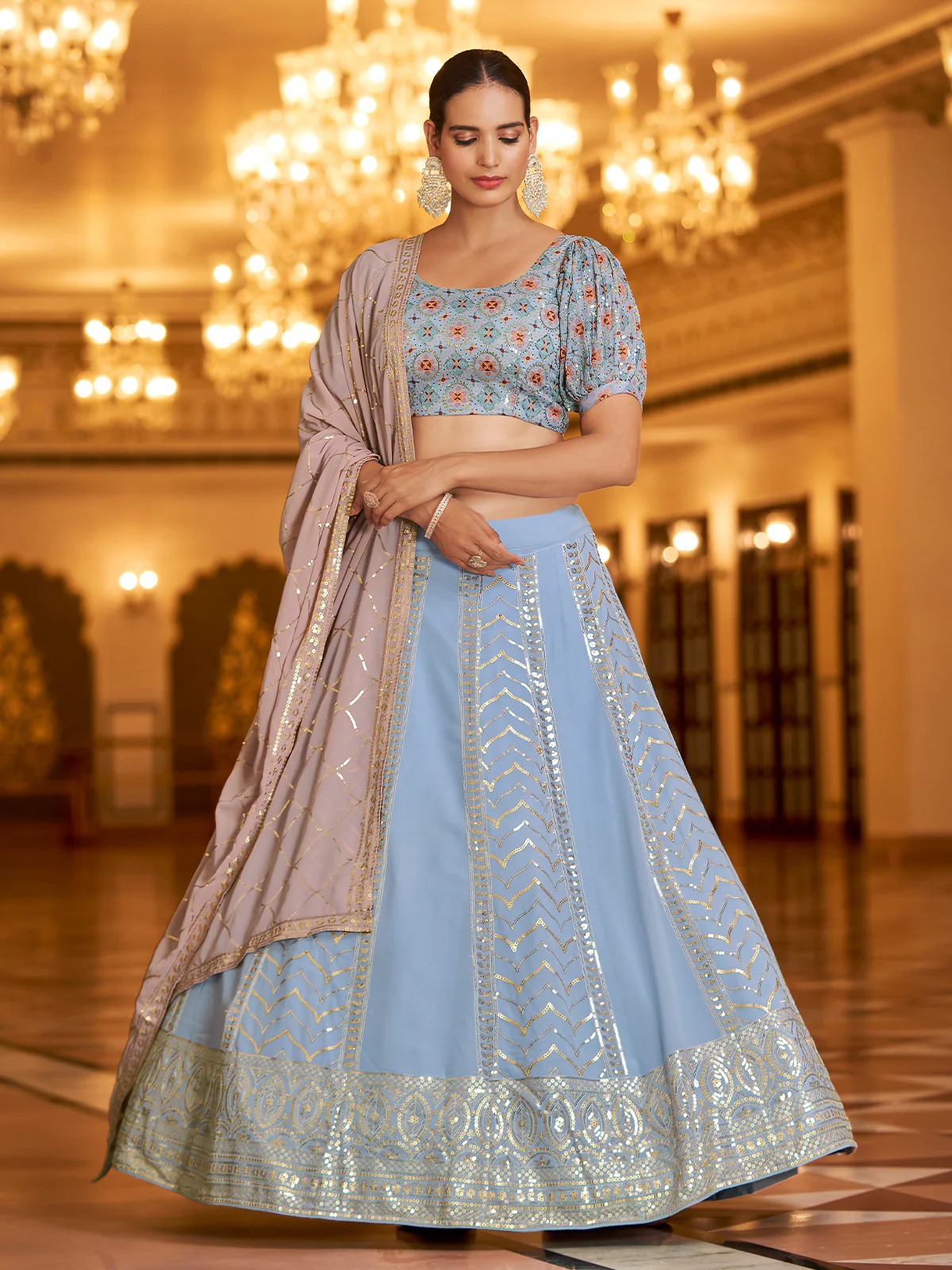 Odette Women Light Blue Semi Stitched Lehenga With  Unstitched Blouse - Image 2