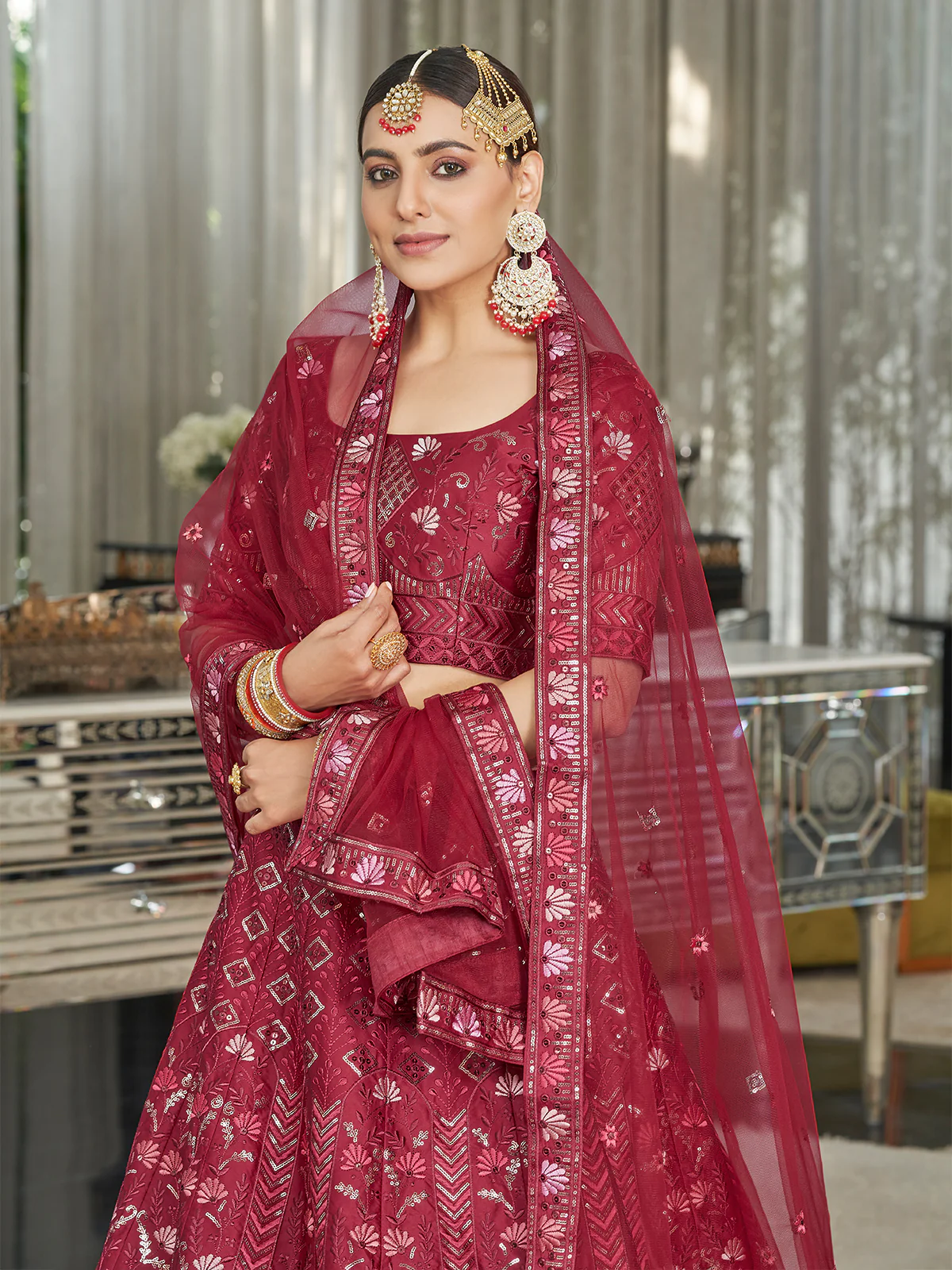 Odette Women Maroon Semi Stitched Lehenga With  Unstitched Blouse - Image 2