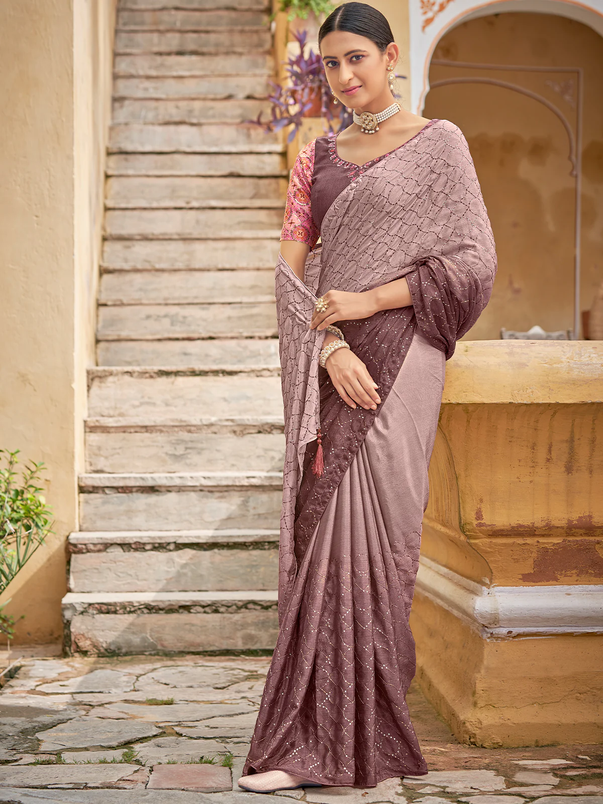 Odette Women Festive Designer Mauve Saree With Unstitched Blouse - Image 2