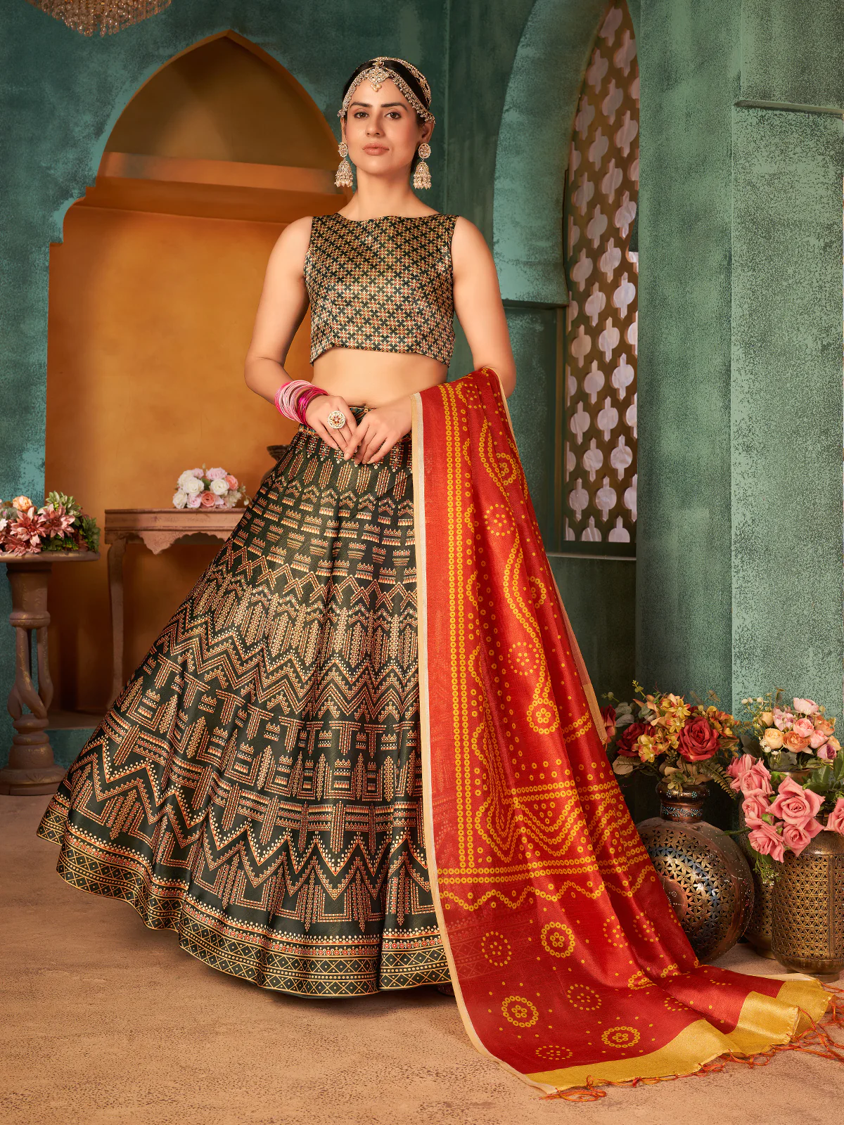 Odette Women Olive Green Semi Stitched Lehenga With  Unstitched Blouse - Image 3