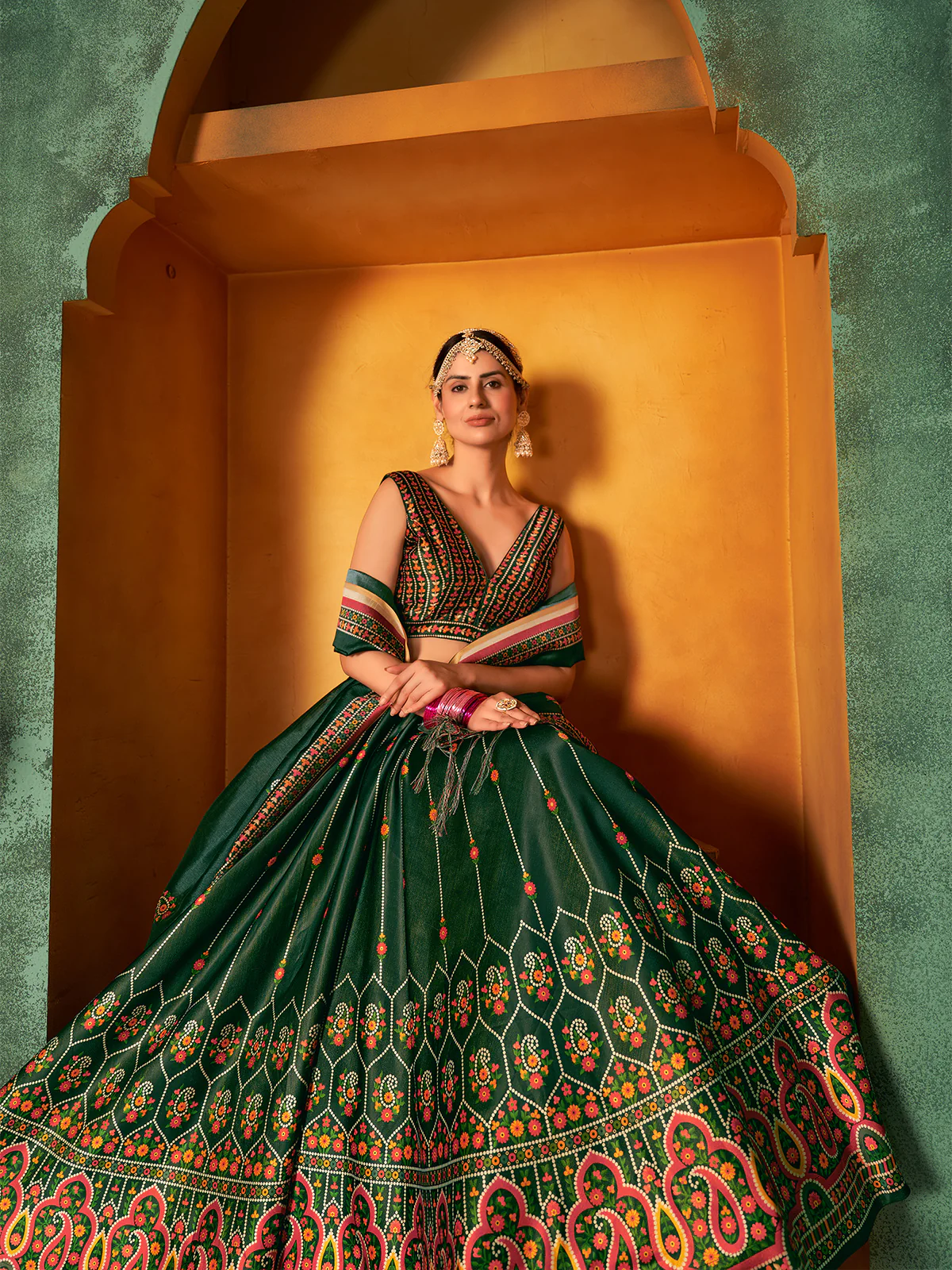 Odette Women Dark Green Semi Stitched Lehenga With  Unstitched Blouse - Image 3
