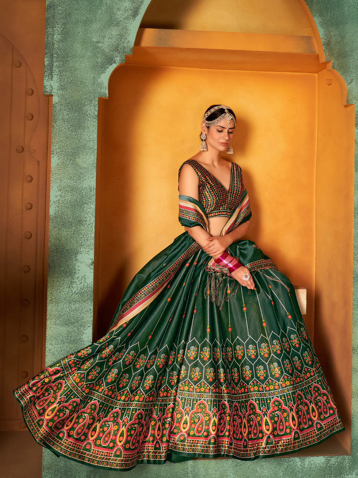 Odette Women Dark Green Semi Stitched Lehenga With  Unstitched Blouse - Image 4