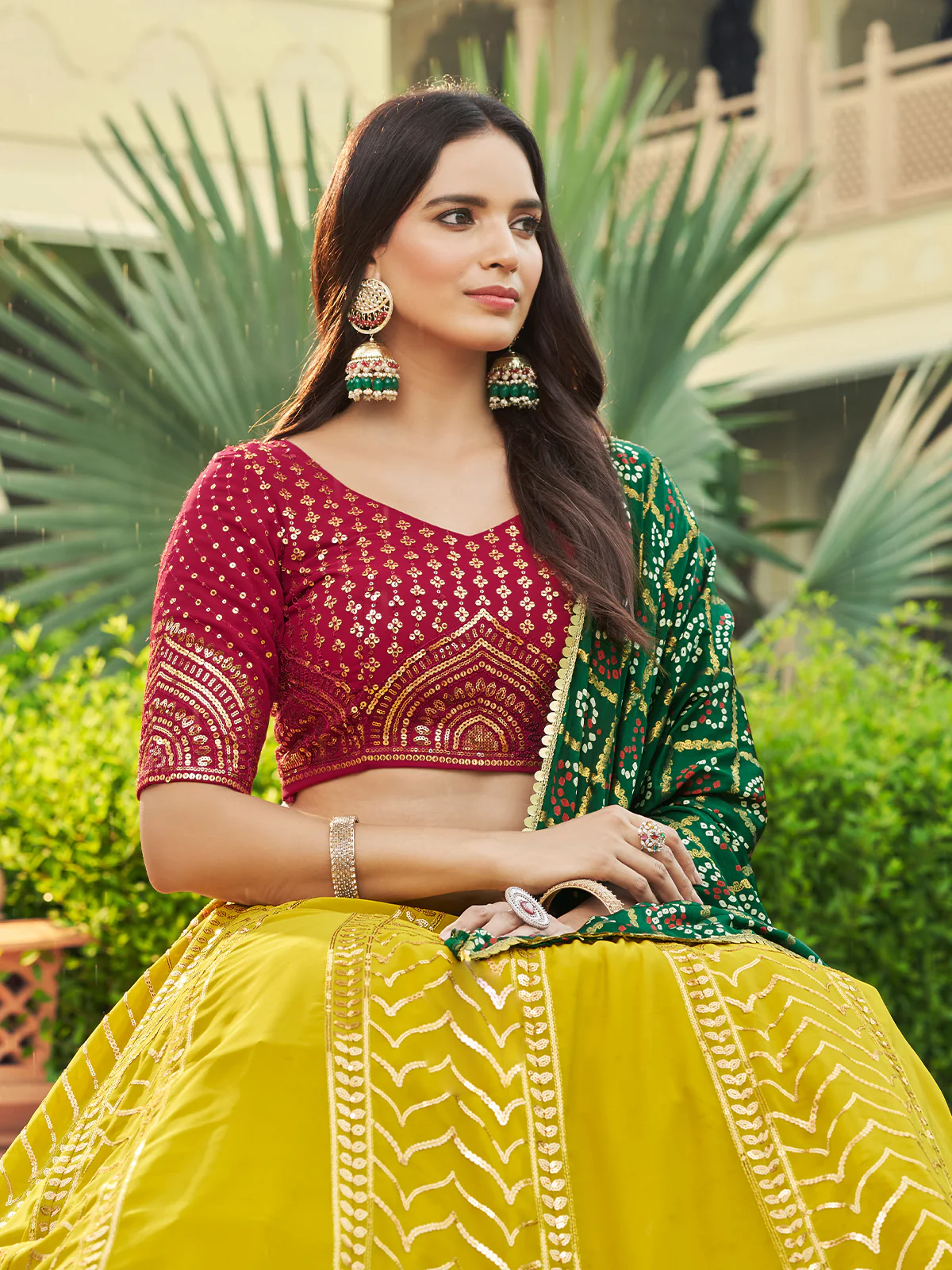 Odette Women Mustard Semi Stitched Lehenga With  Unstitched Blouse - Image 3
