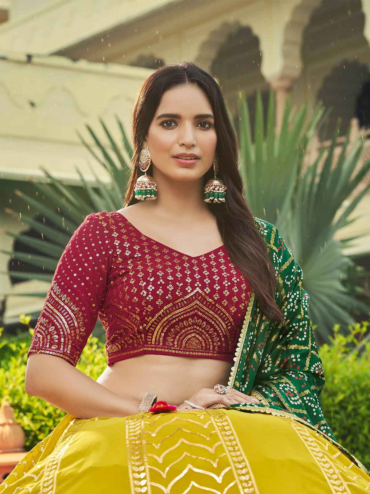 Odette Women Mustard Semi Stitched Lehenga With  Unstitched Blouse - Image 4