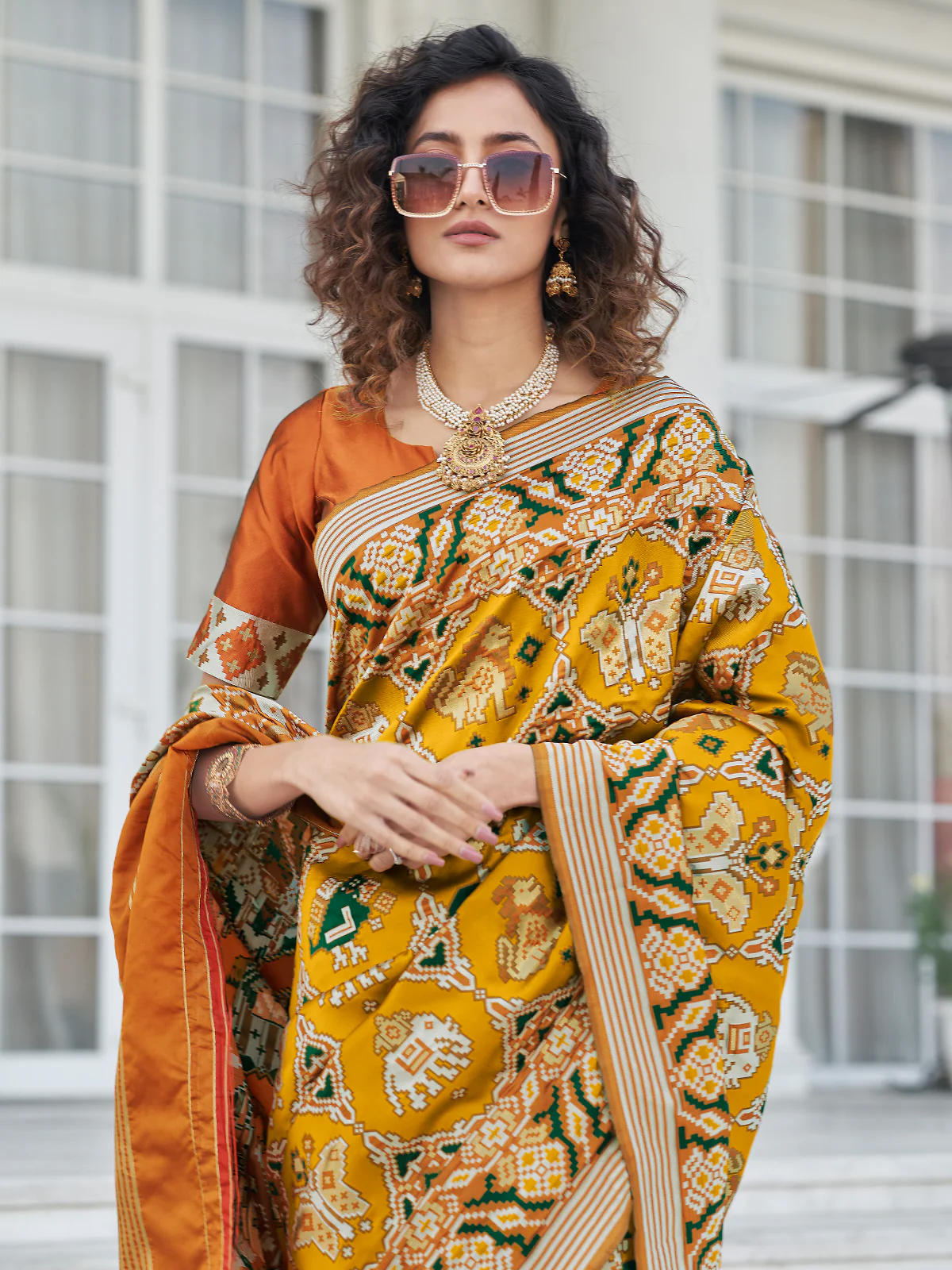 Odette Women Festive Designer Mustard Saree With Unstitched Blouse - Image 2