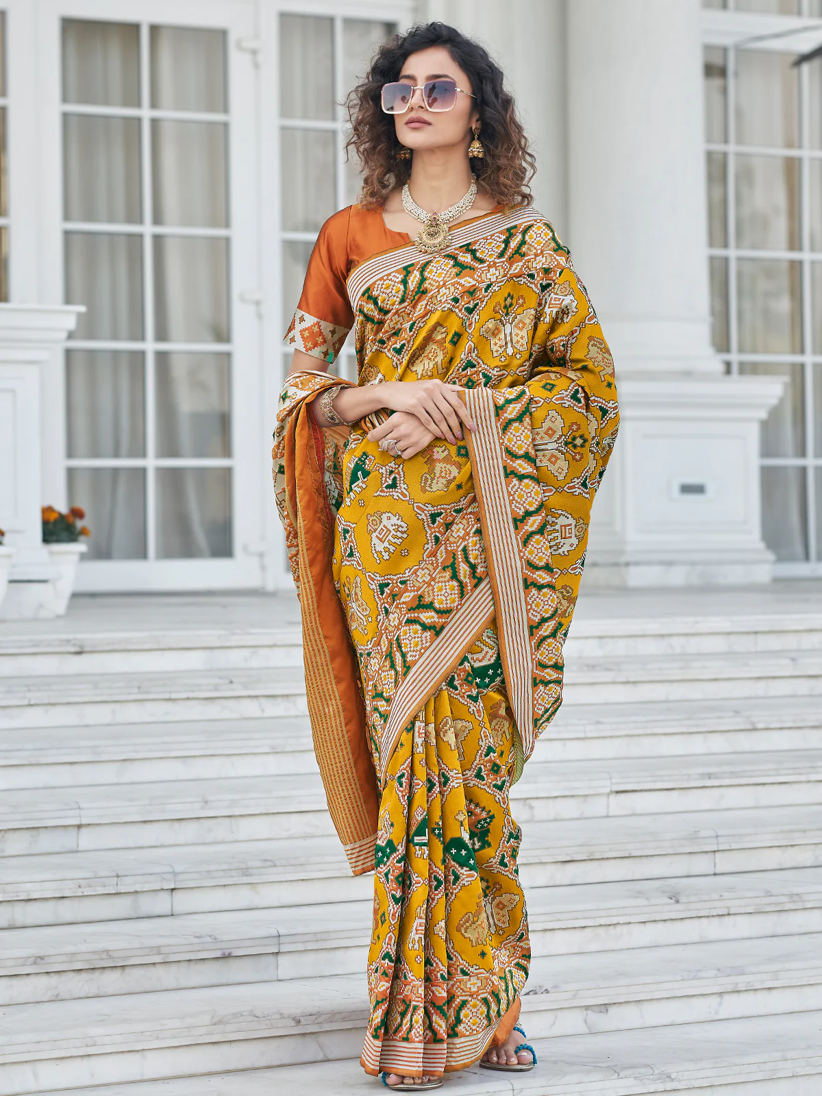 Odette Women Festive Designer Mustard Saree With Unstitched Blouse - Image 3