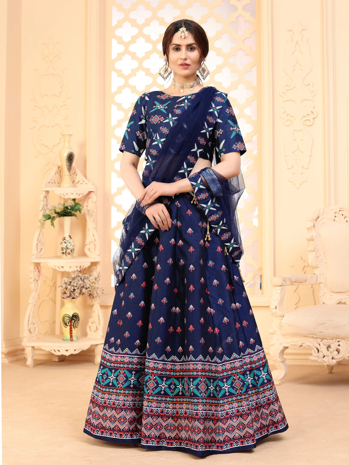 Odette Women Navy Blue Semi Stitched Lehenga With  Unstitched Blouse - Image 2