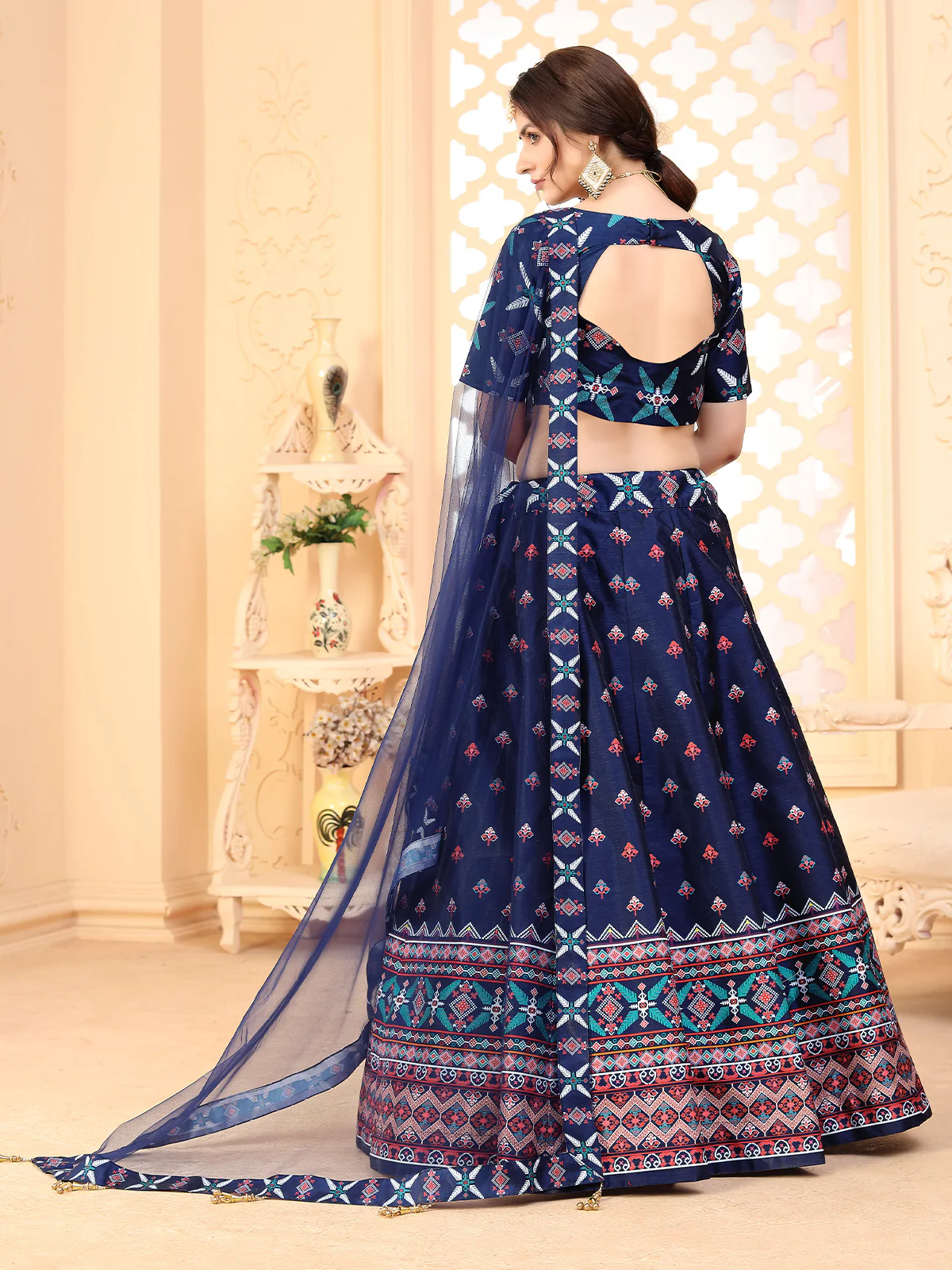 Odette Women Navy Blue Semi Stitched Lehenga With  Unstitched Blouse - Image 4