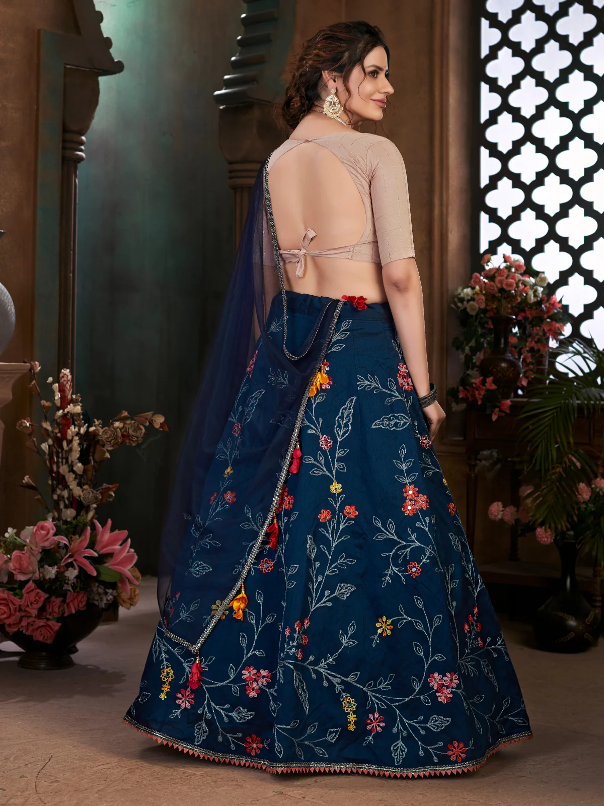 Odette Women Navy Blue Semi Stitched Lehenga With  Unstitched Blouse - Image 5