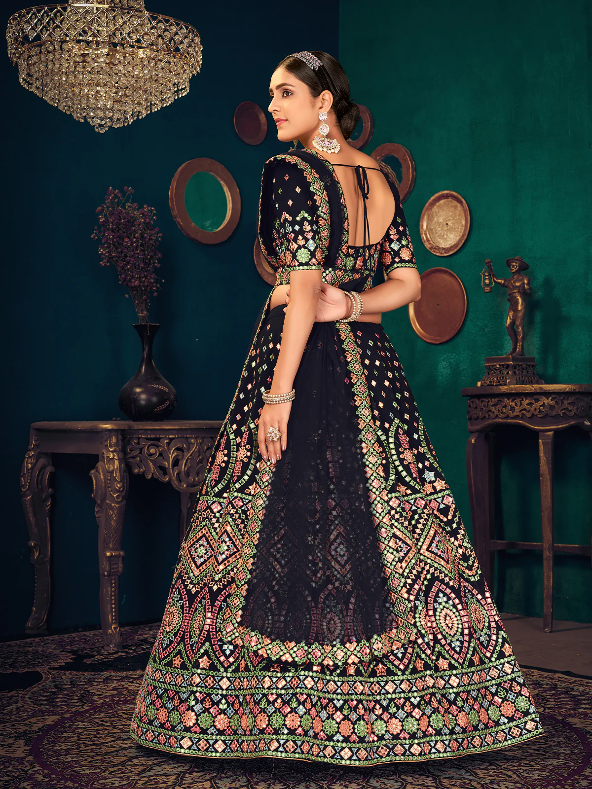 Odette Women Navy Blue Semi Stitched Lehenga With  Unstitched Blouse - Image 4