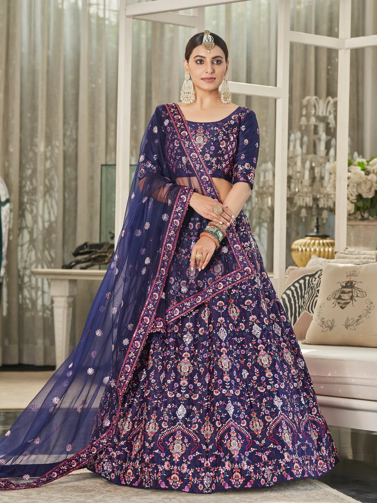 Odette Women Festive Designer Dark Blue Semi Stitched Lehenga With Unstitched Blouse - Image 2