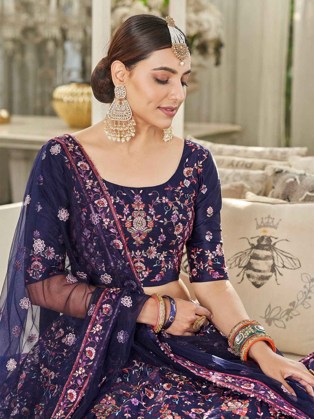 Odette Women Festive Designer Dark Blue Semi Stitched Lehenga With Unstitched Blouse - Image 3
