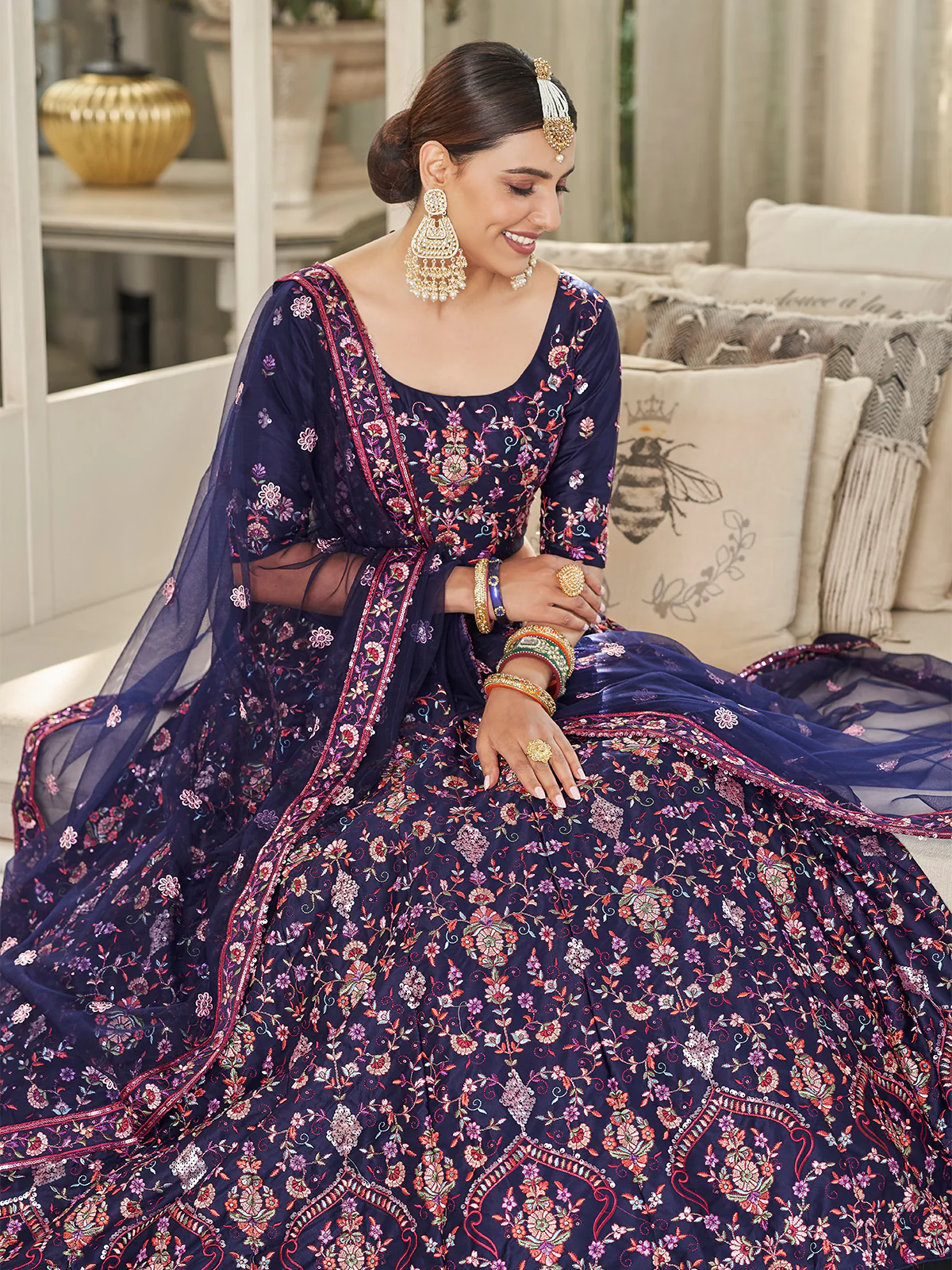 Odette Women Festive Designer Dark Blue Semi Stitched Lehenga With Unstitched Blouse - Image 4