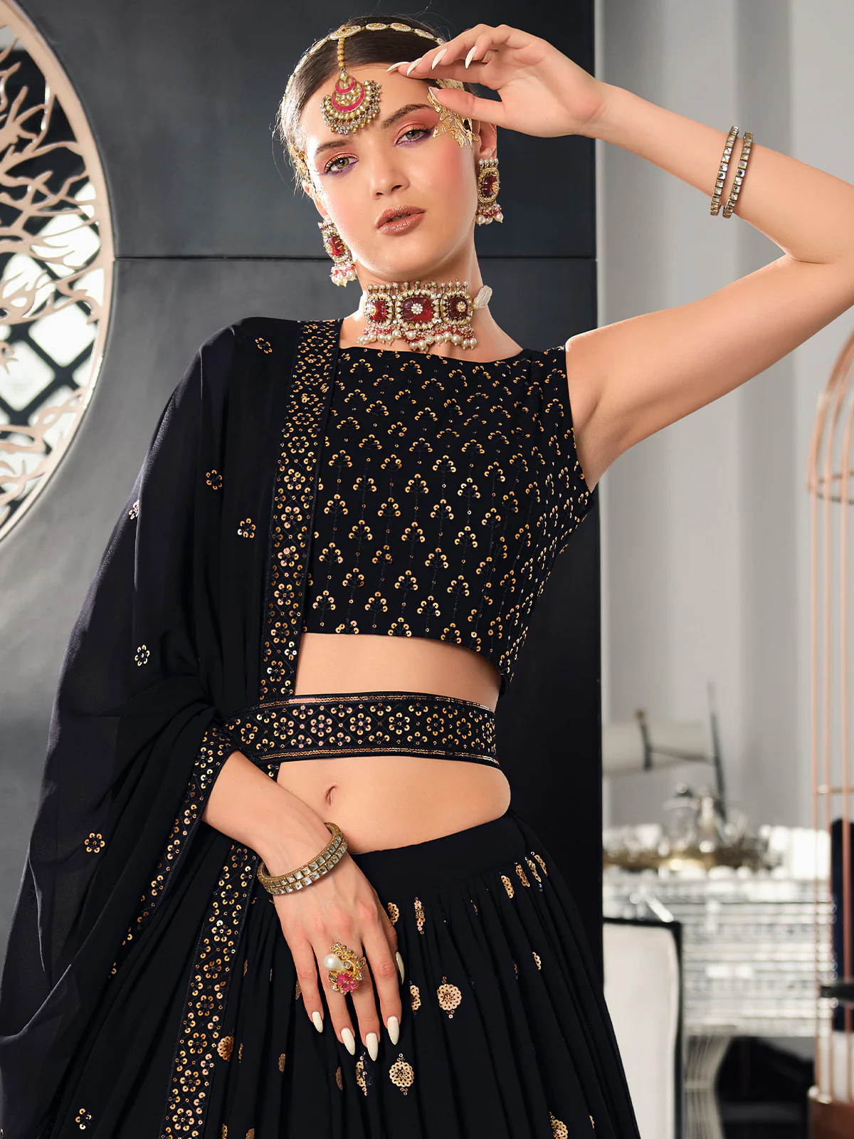 Odette Women Navy Blue Semi Stitched Lehenga With  Unstitched Blouse - Image 2