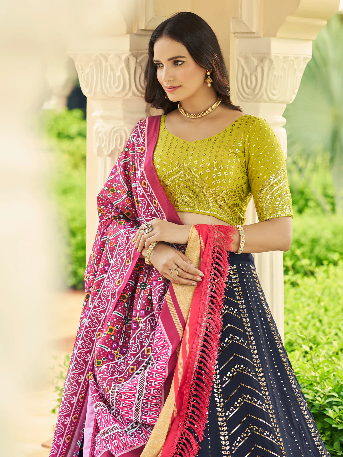 Odette Women Festive Designer Navy Blue Semi Stitched Lehenga With Unstitched Blouse - Image 4