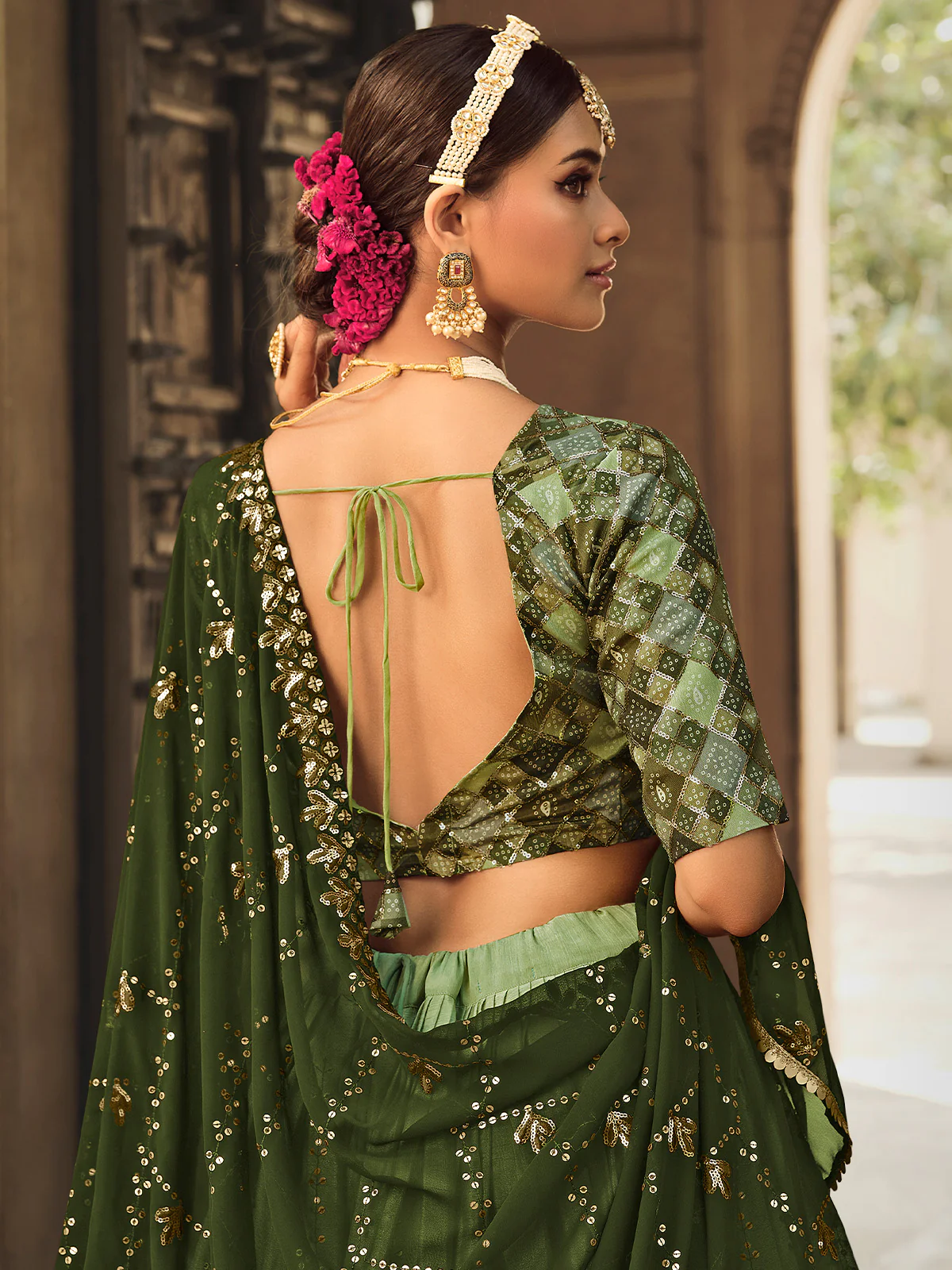 Odette Women Olive Semi Stitched Lehenga With  Unstitched Blouse - Image 4