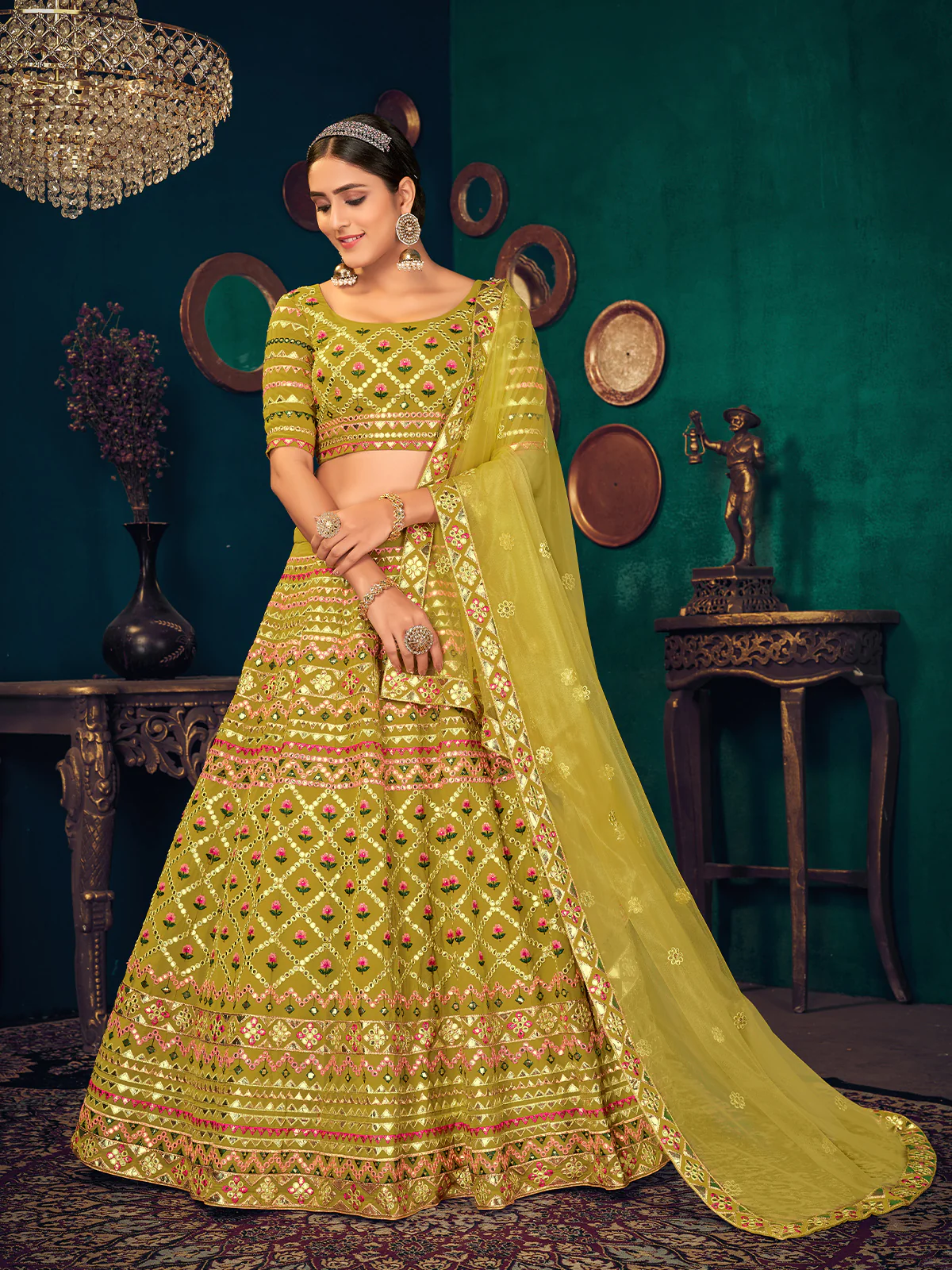 Odette Women Olive Semi Stitched Lehenga With  Unstitched Blouse - Image 3