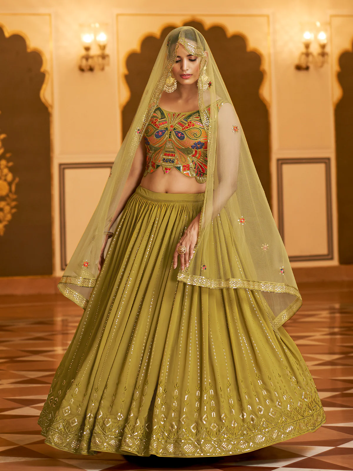 Odette Women Olive Semi Stitched Lehenga With  Unstitched Blouse - Image 2