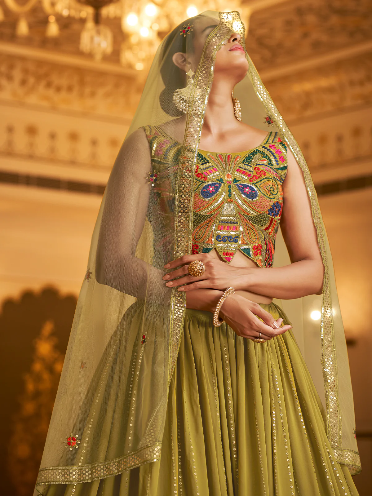 Odette Women Olive Semi Stitched Lehenga With  Unstitched Blouse - Image 3