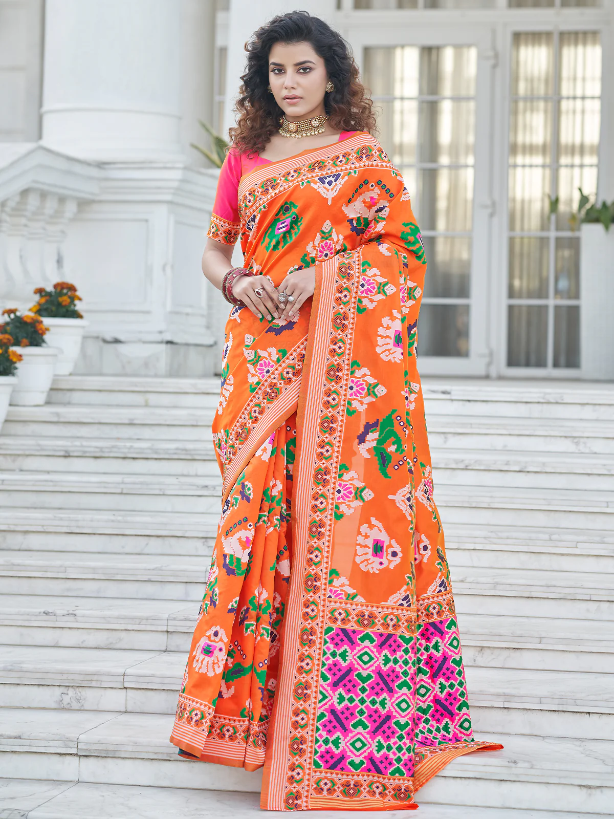 Odette Women Festive Designer Orange Saree With Unstitched Blouse