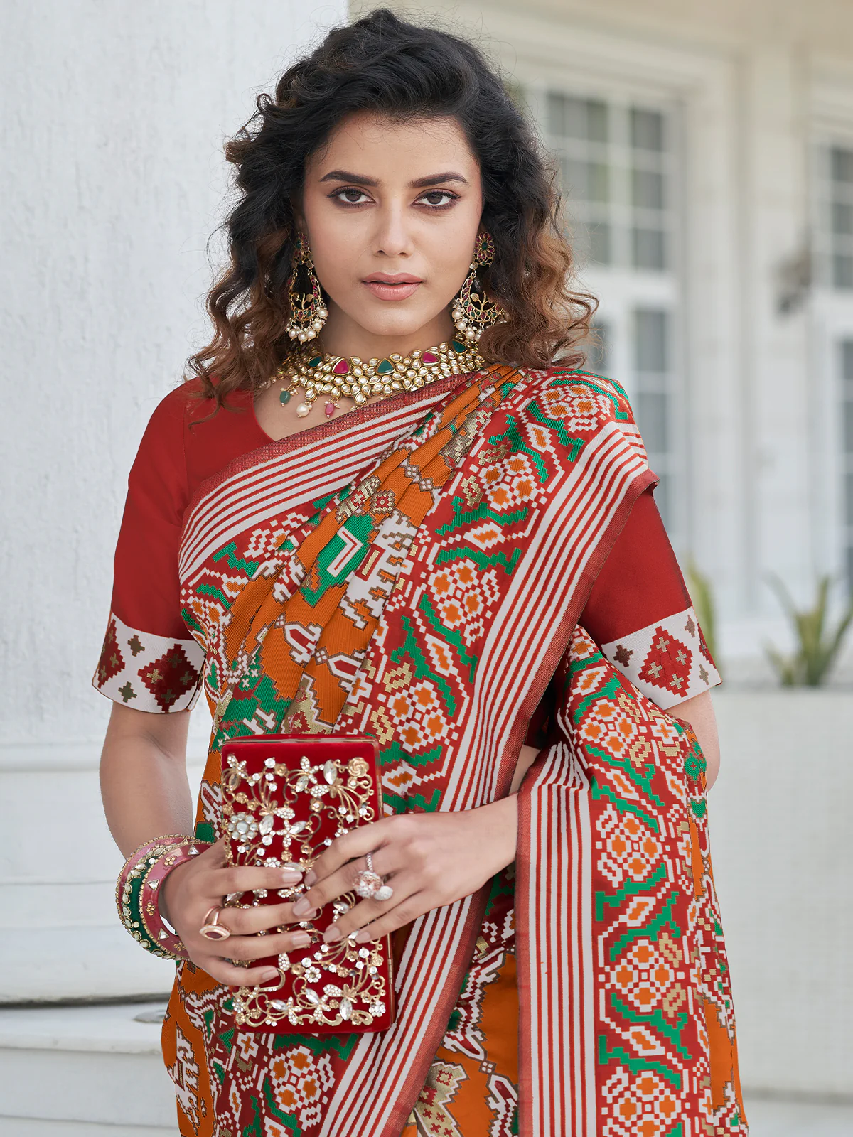 Odette Women Festive Designer Orange Saree With Unstitched Blouse - Image 2