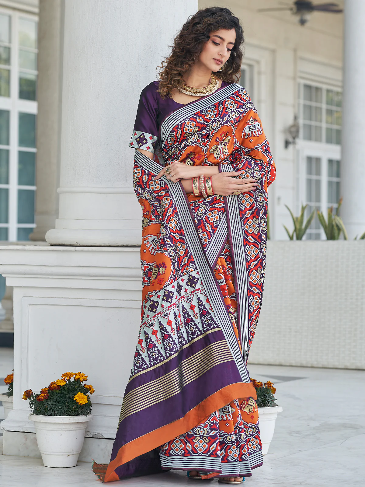 Odette Women Festive Designer Orange Saree With Unstitched Blouse - Image 3