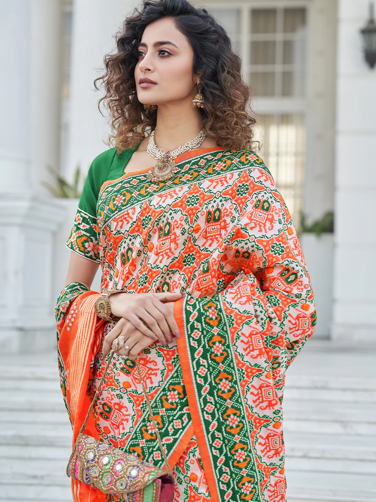Odette Women Festive Designer Orange Saree With Unstitched Blouse - Image 2
