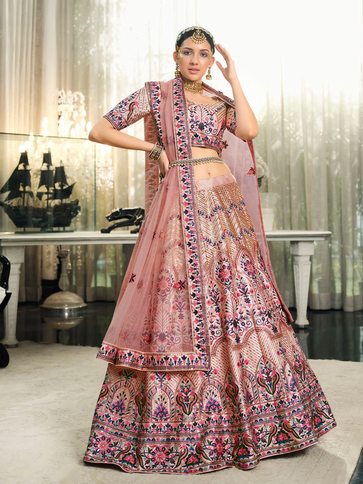 Odette Women Peach Semi Stitched Lehenga With  Unstitched Blouse - Image 3
