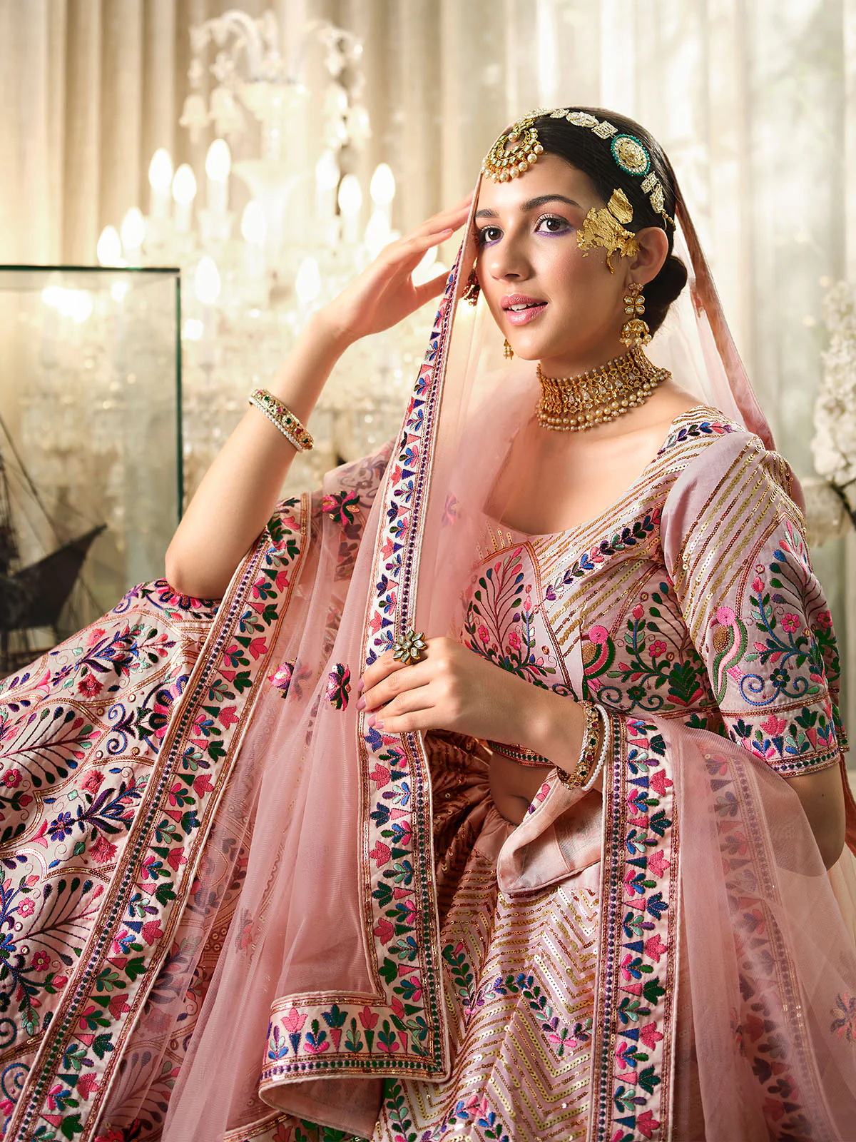 Odette Women Peach Semi Stitched Lehenga With  Unstitched Blouse - Image 4