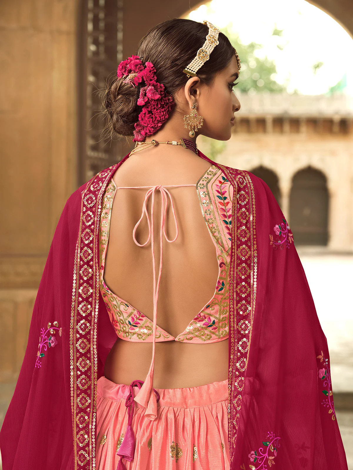 Odette Women Peach Semi Stitched Lehenga With  Unstitched Blouse - Image 3