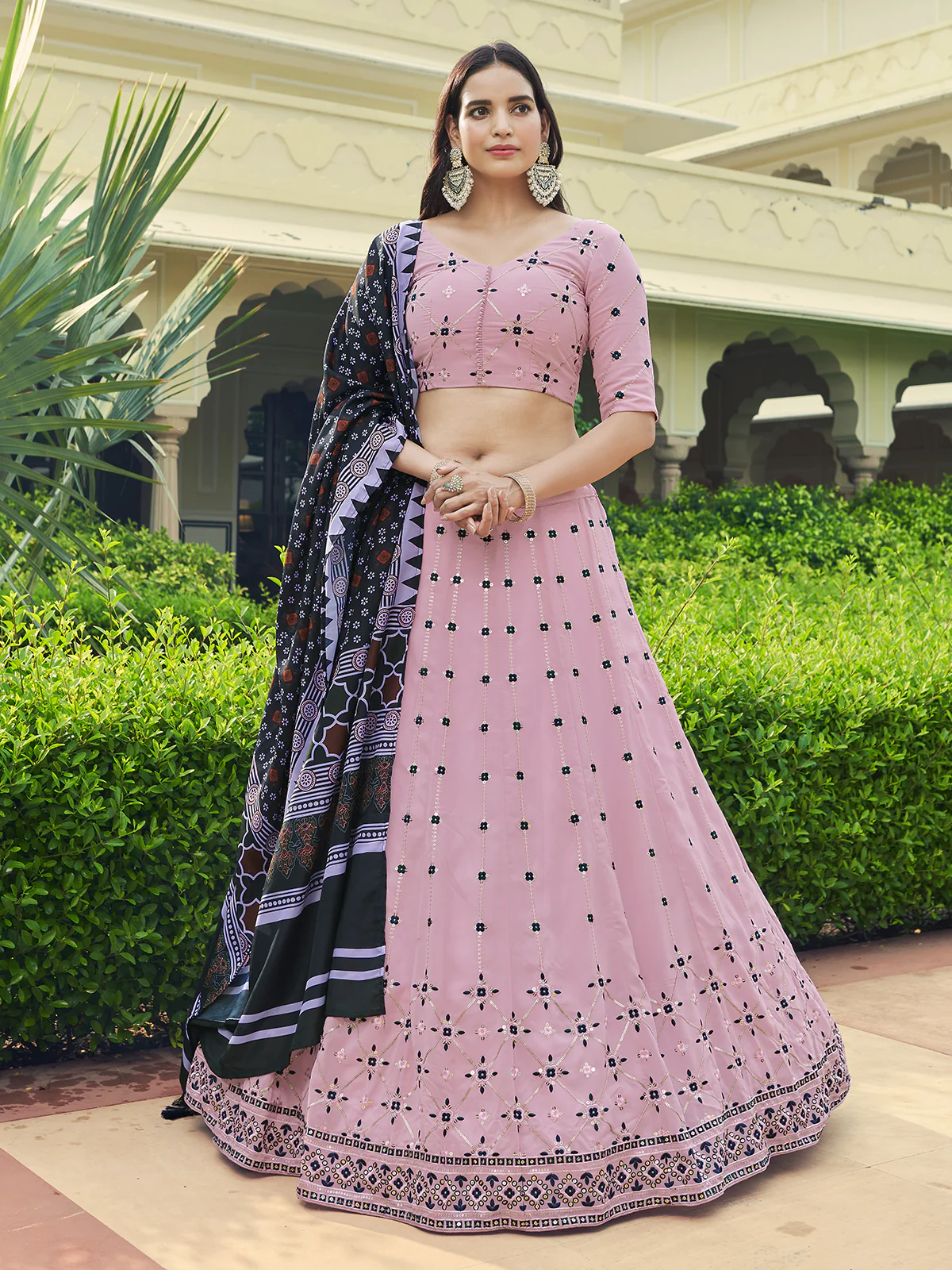 Odette Women Pink Semi Stitched Lehenga With Unstitched Blouse