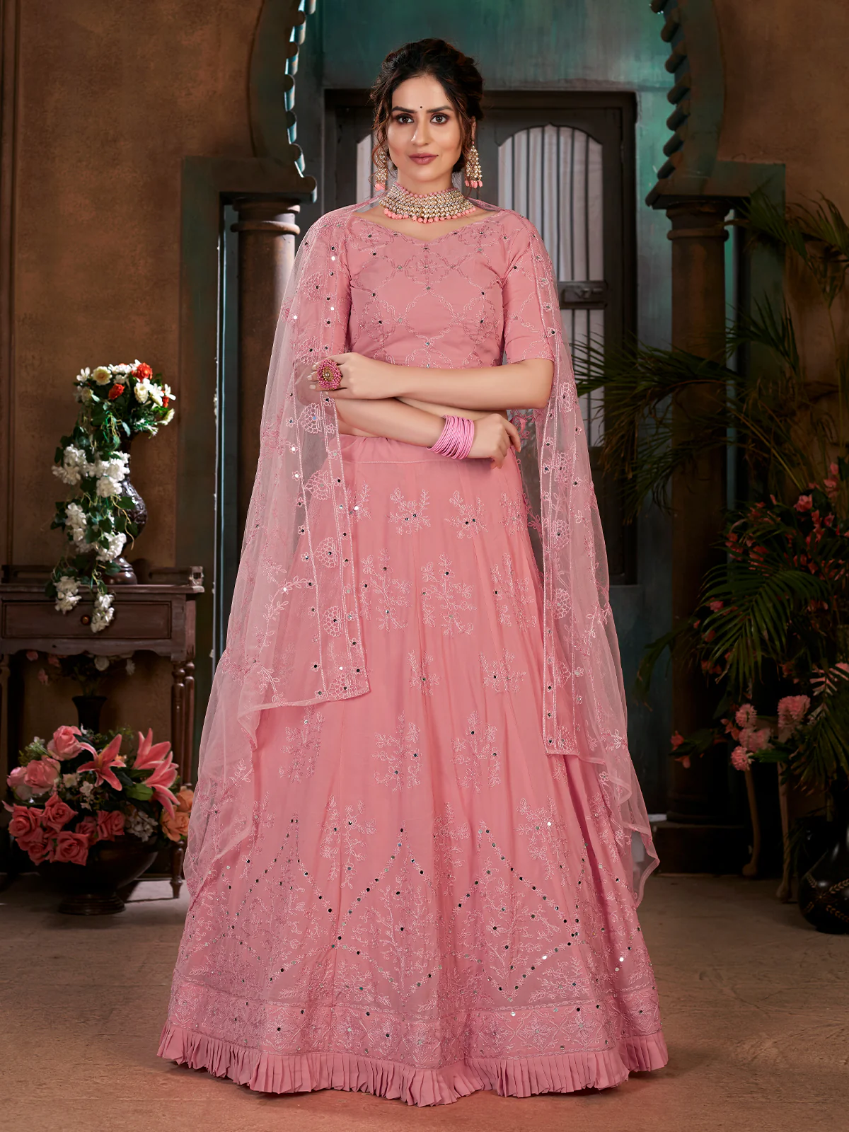 Odette Women Pink Semi Stitched Lehenga With  Unstitched Blouse - Image 2