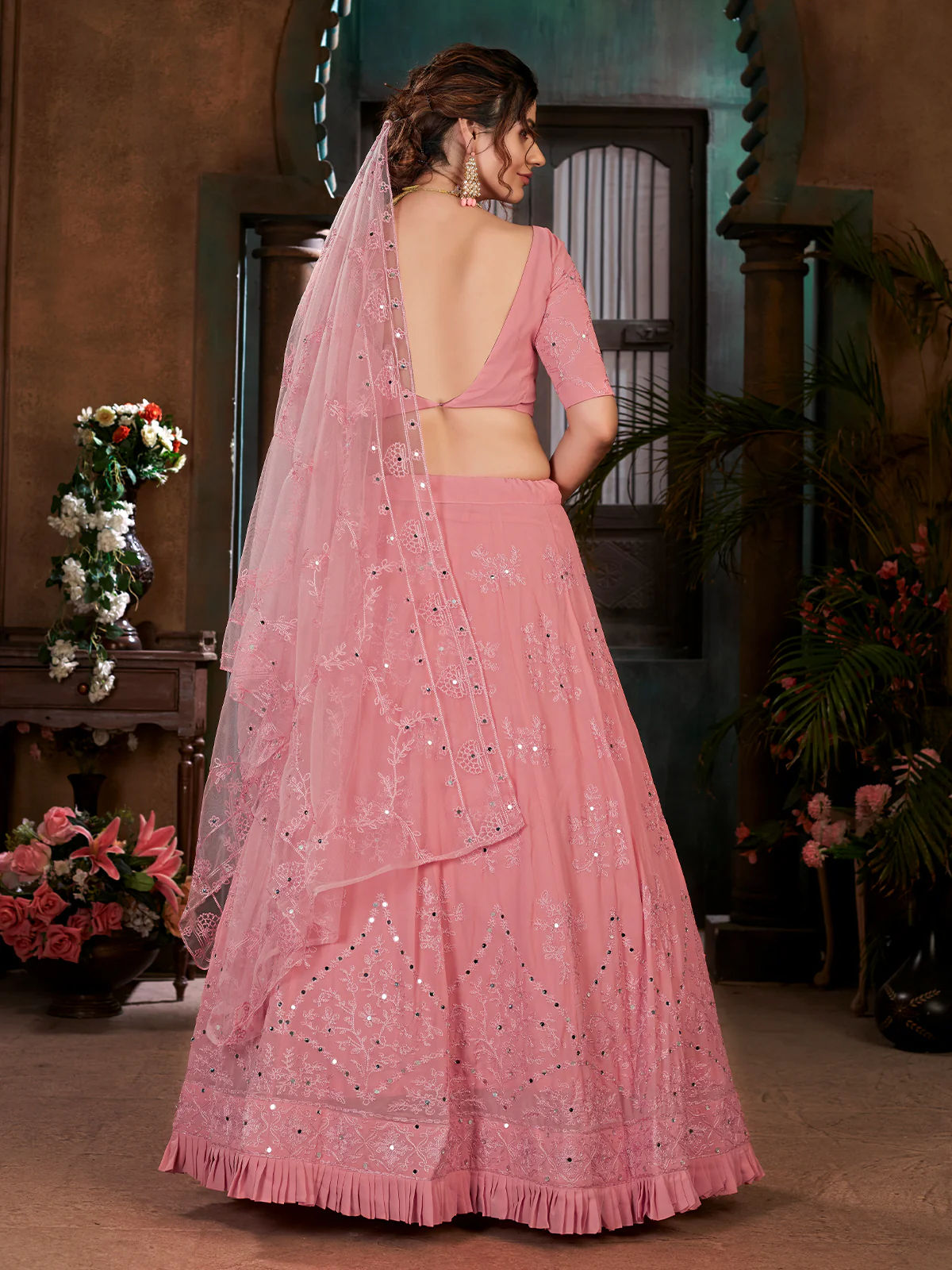 Odette Women Pink Semi Stitched Lehenga With  Unstitched Blouse - Image 4