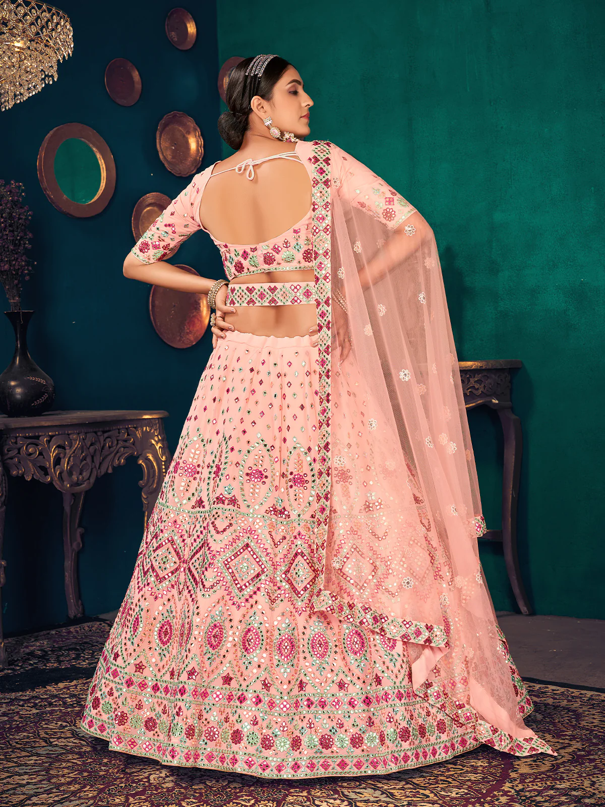 Odette Women Pink Semi Stitched Lehenga With  Unstitched Blouse - Image 4