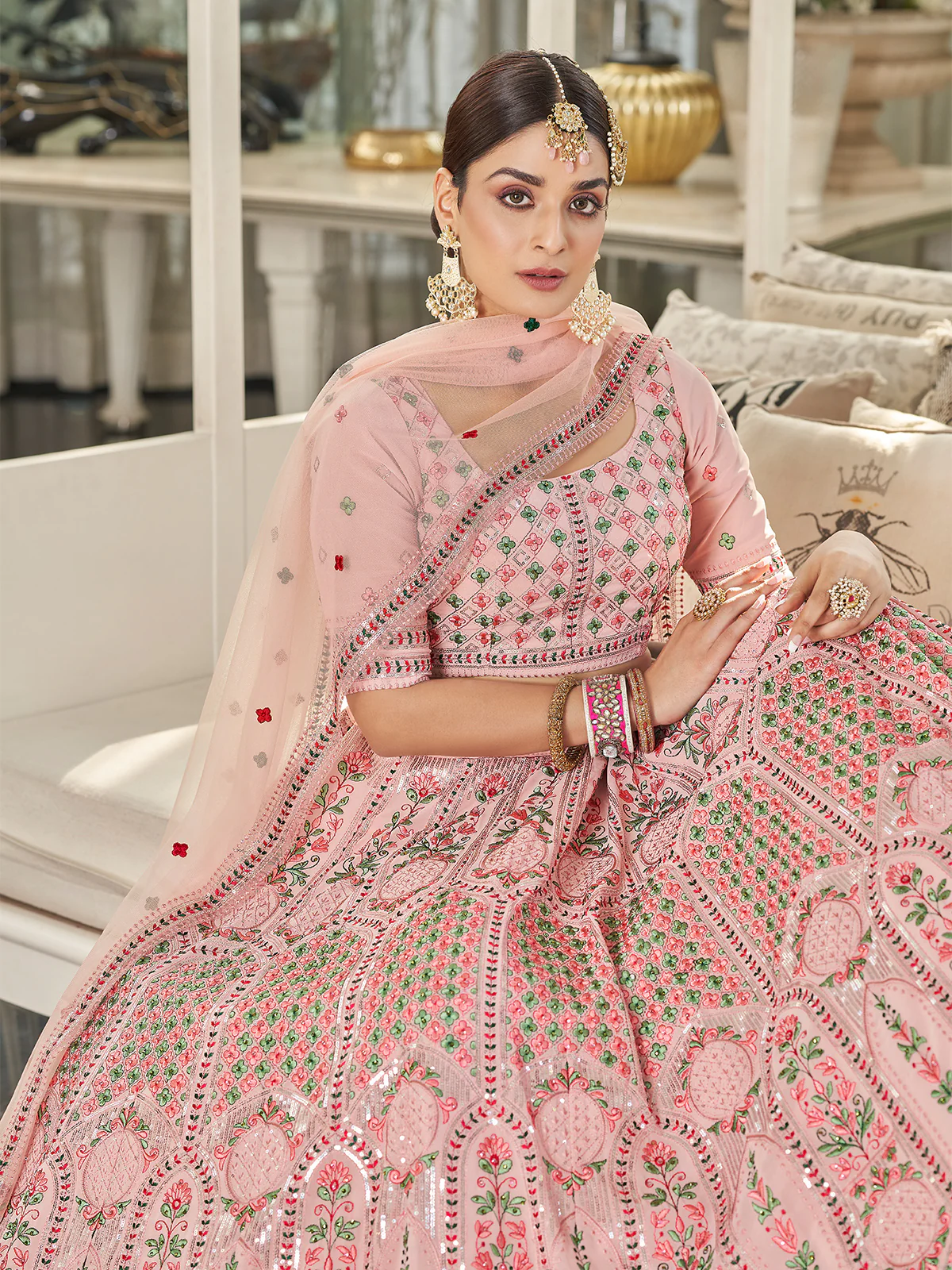 Odette Women Pink Semi Stitched Lehenga With  Unstitched Blouse - Image 3