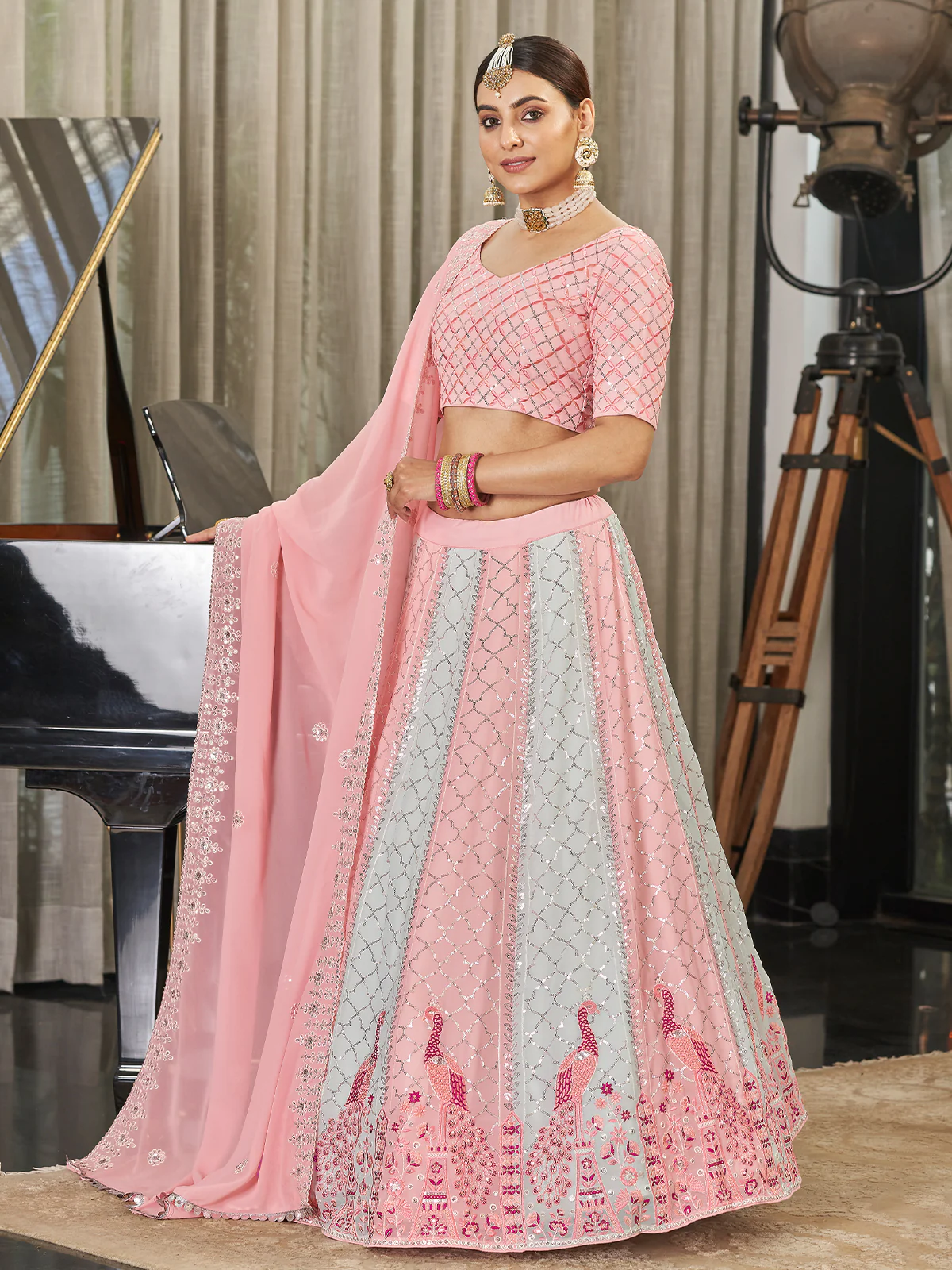 Odette Women Pink Semi Stitched Lehenga With  Unstitched Blouse - Image 4