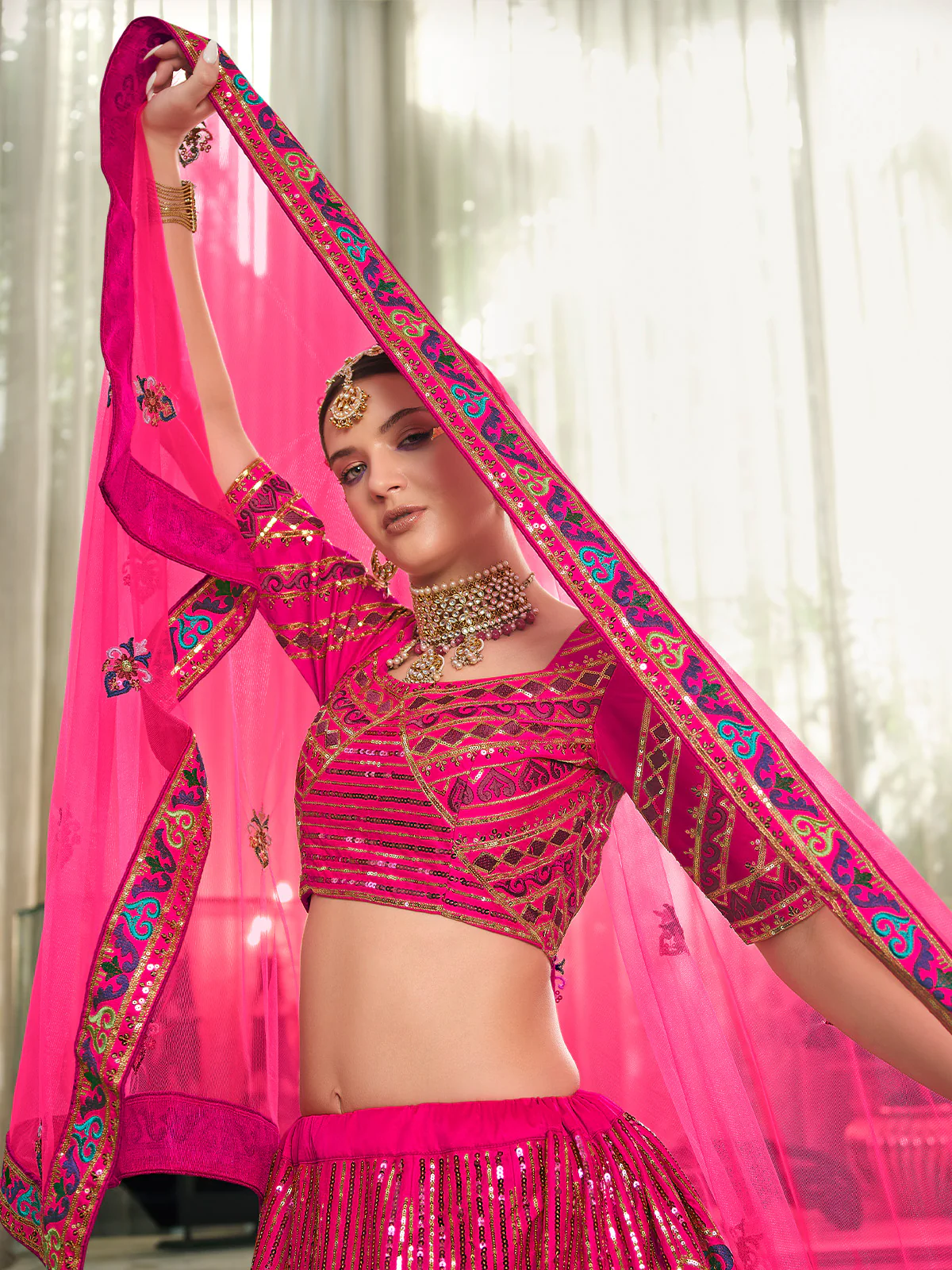 Odette Women Pink Semi Stitched Lehenga With  Unstitched Blouse - Image 4