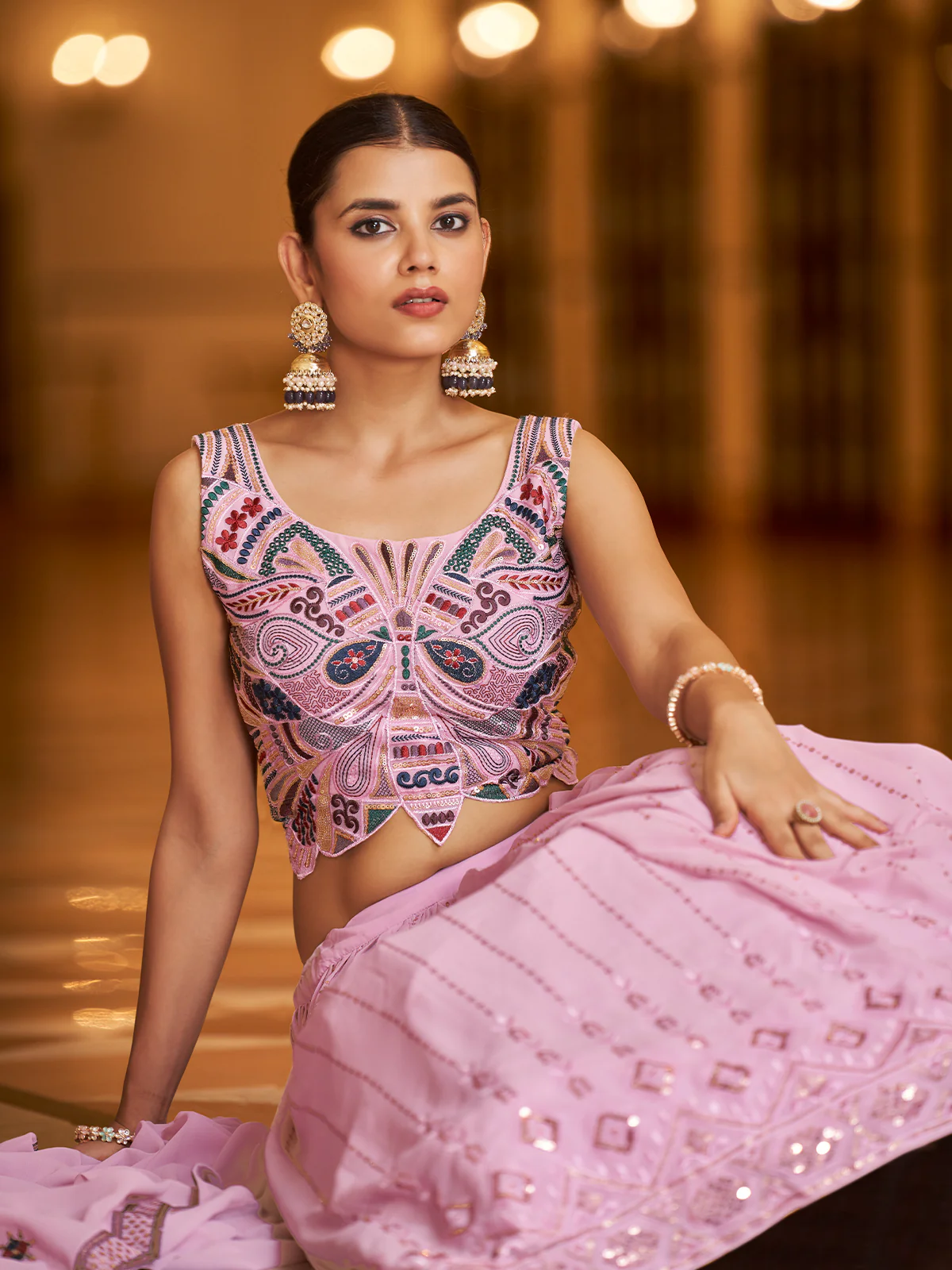 Odette Women Pink Semi Stitched Lehenga With  Unstitched Blouse - Image 4
