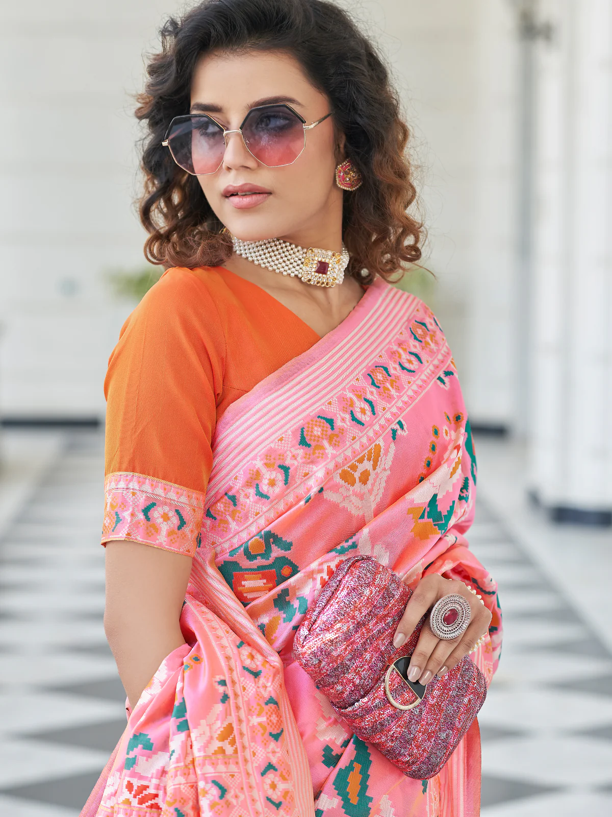Odette Women Festive Designer Pink Saree With Unstitched Blouse - Image 2