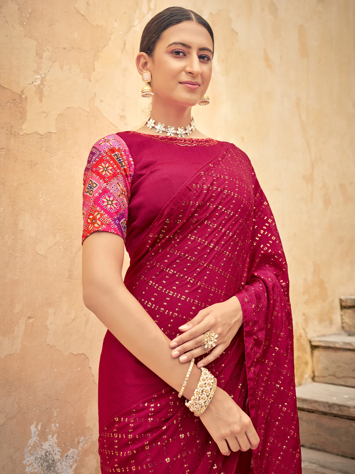 Odette Women Festive Designer Magenta Saree With Unstitched Blouse - Image 2