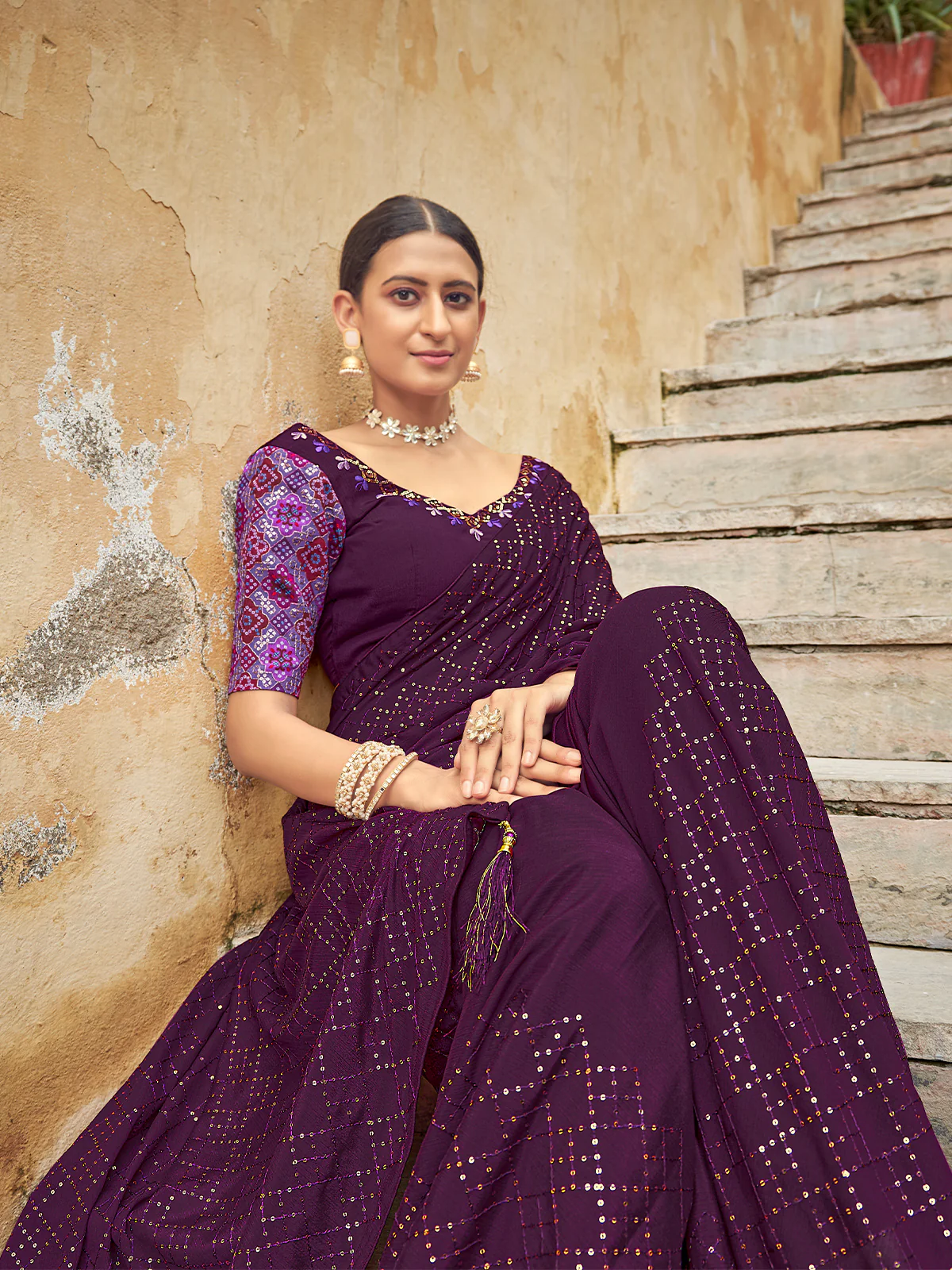Odette Women Festive Designer Violet Saree With Unstitched Blouse - Image 2