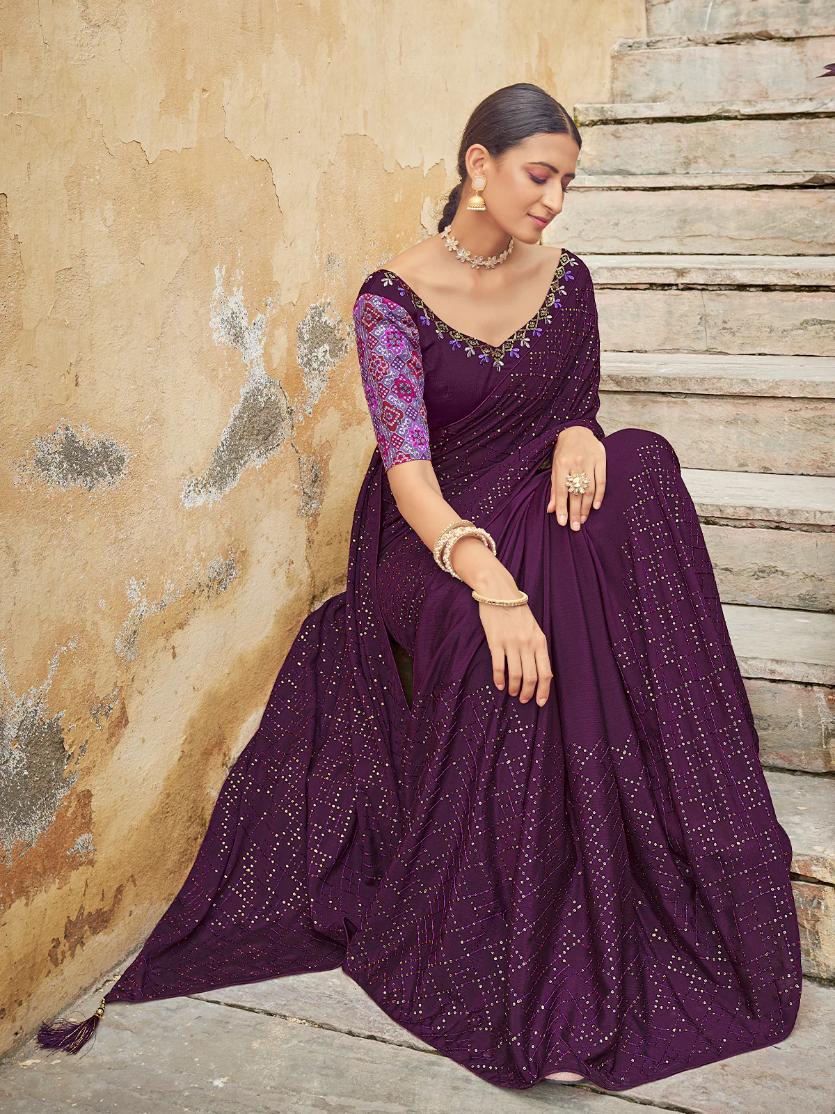 Odette Women Festive Designer Violet Saree With Unstitched Blouse - Image 3