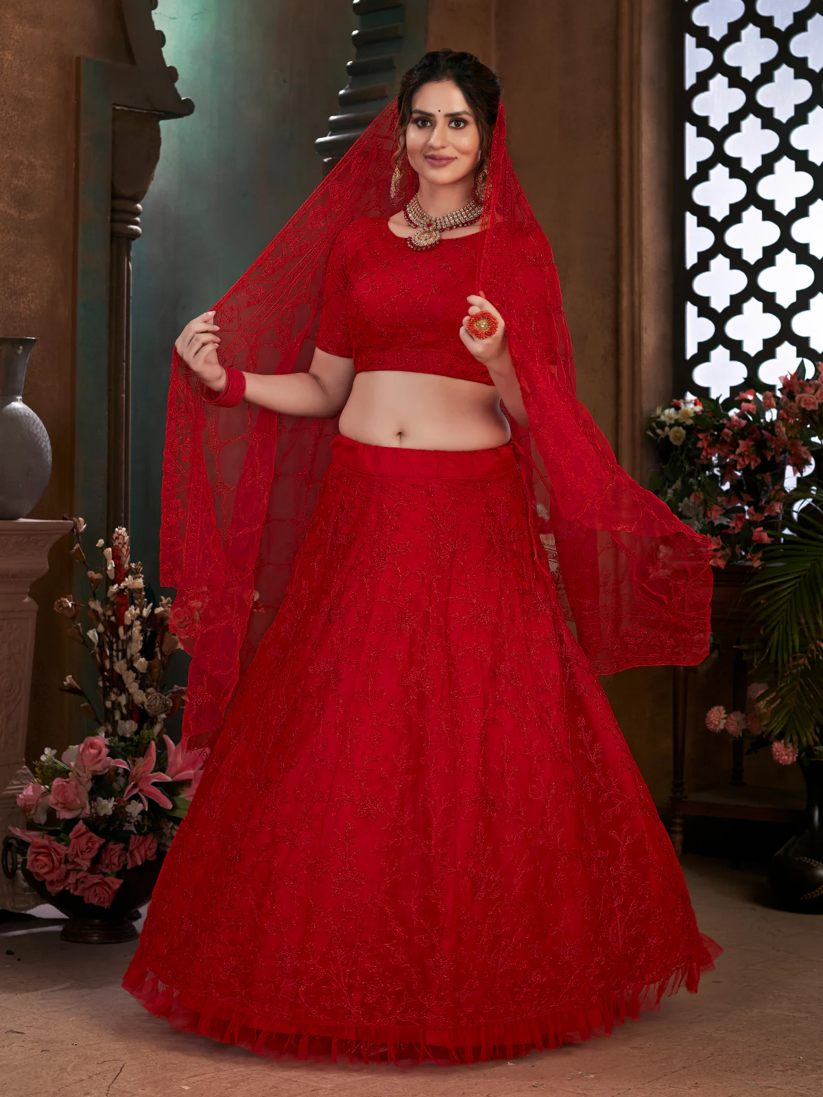 Odette Women Red Semi Stitched Lehenga With  Unstitched Blouse - Image 2