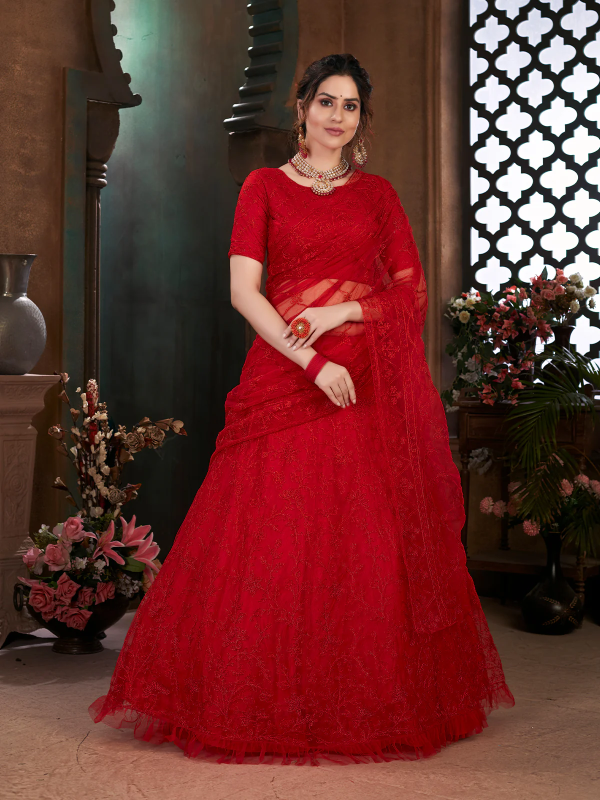 Odette Women Red Semi Stitched Lehenga With  Unstitched Blouse - Image 4