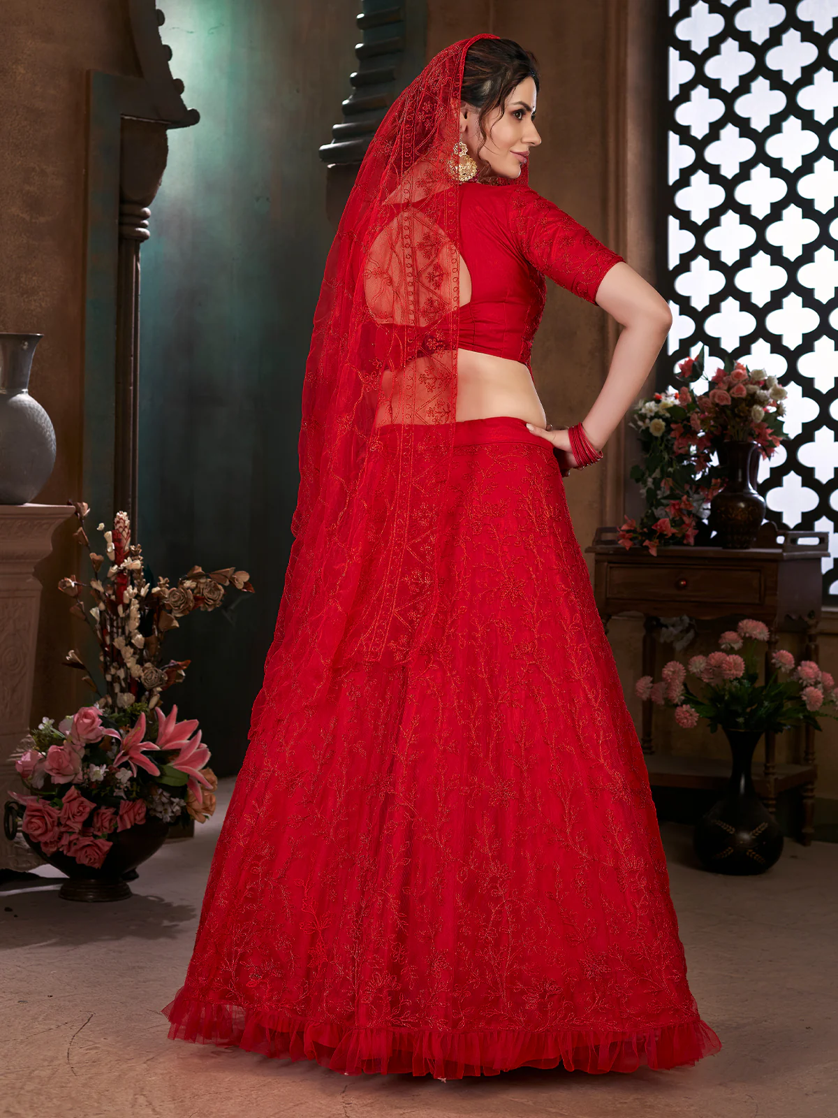 Odette Women Red Semi Stitched Lehenga With  Unstitched Blouse - Image 5