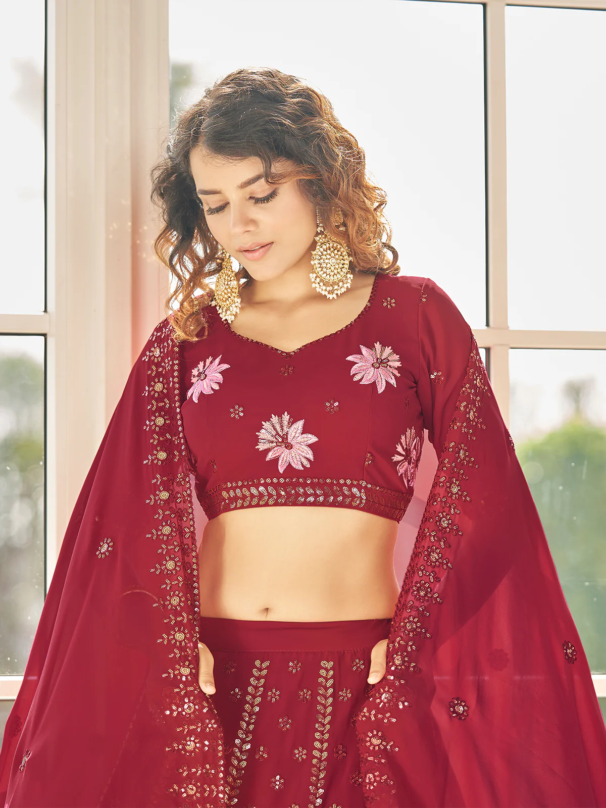 Odette Women Red Semi Stitched Lehenga With  Unstitched Blouse - Image 4