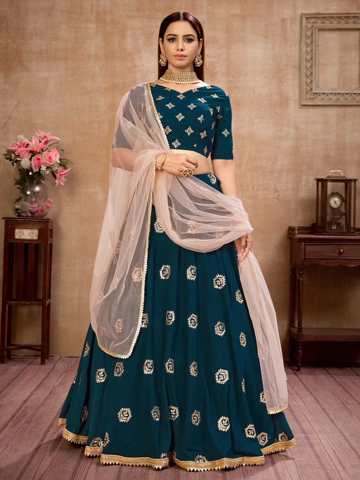 Odette Women Teal Semi Stitched Lehenga With  Unstitched Blouse - Image 2