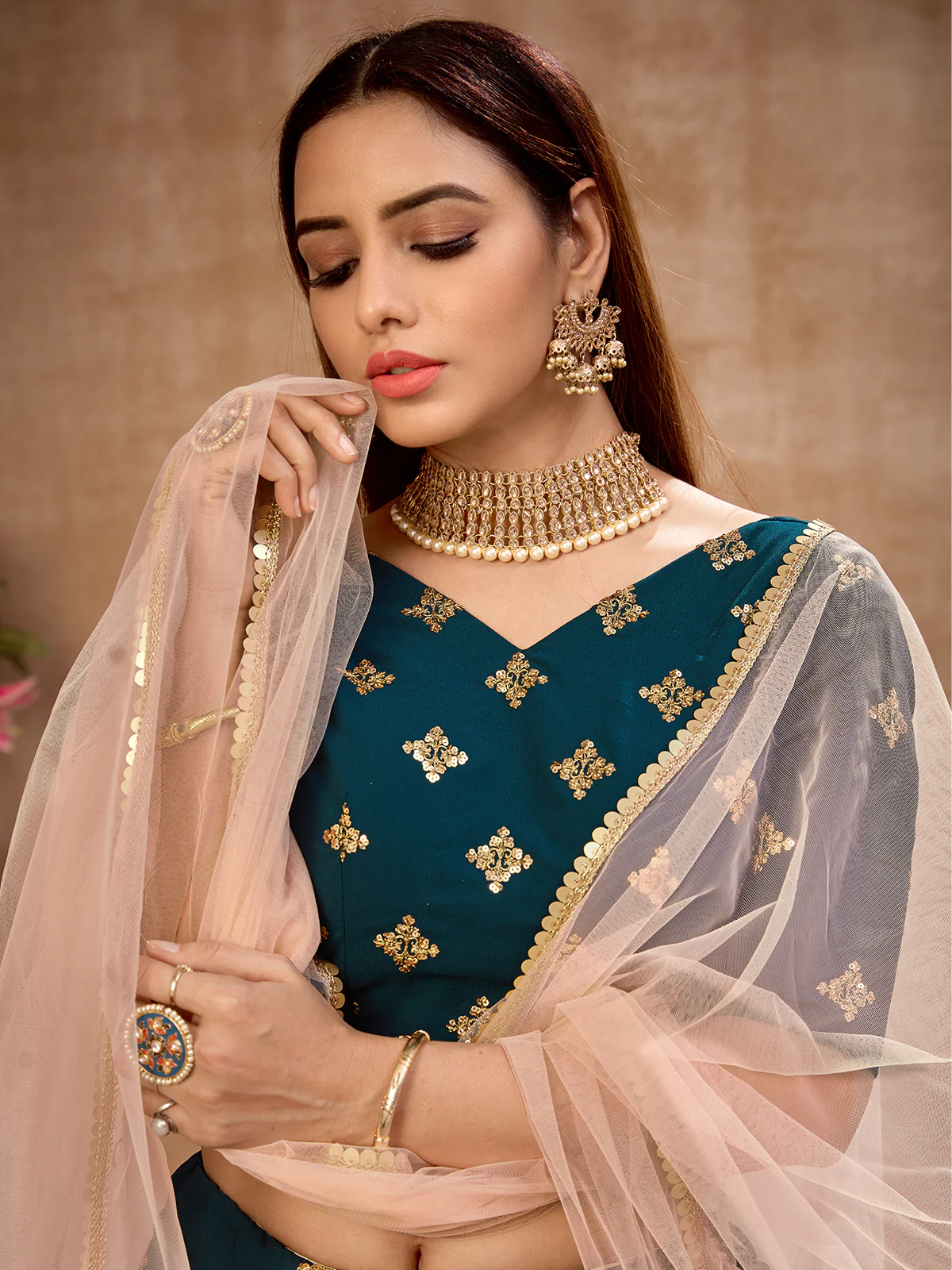 Odette Women Teal Semi Stitched Lehenga With  Unstitched Blouse - Image 3