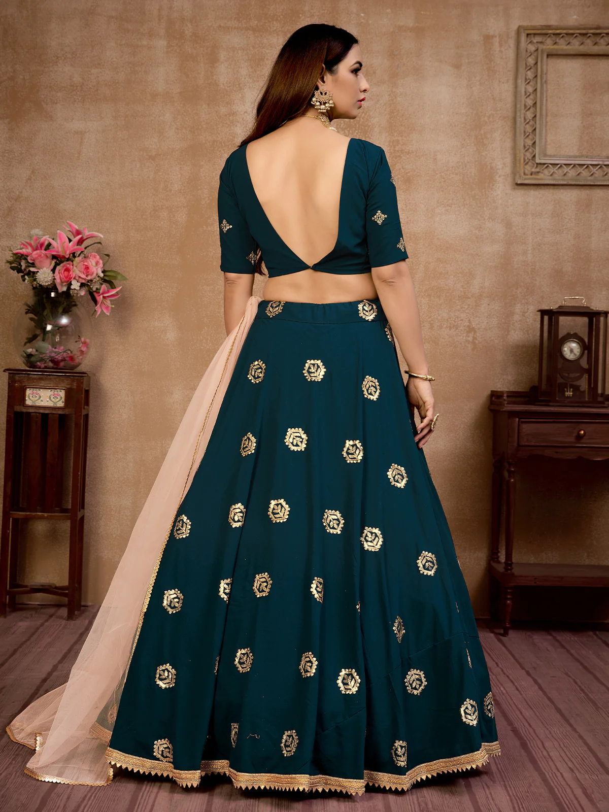 Odette Women Teal Semi Stitched Lehenga With  Unstitched Blouse - Image 4