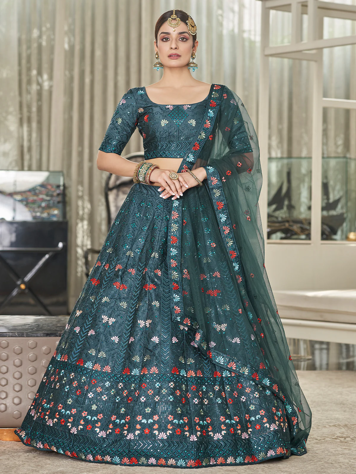 Odette Women Teal Semi Stitched Lehenga With  Unstitched Blouse - Image 2